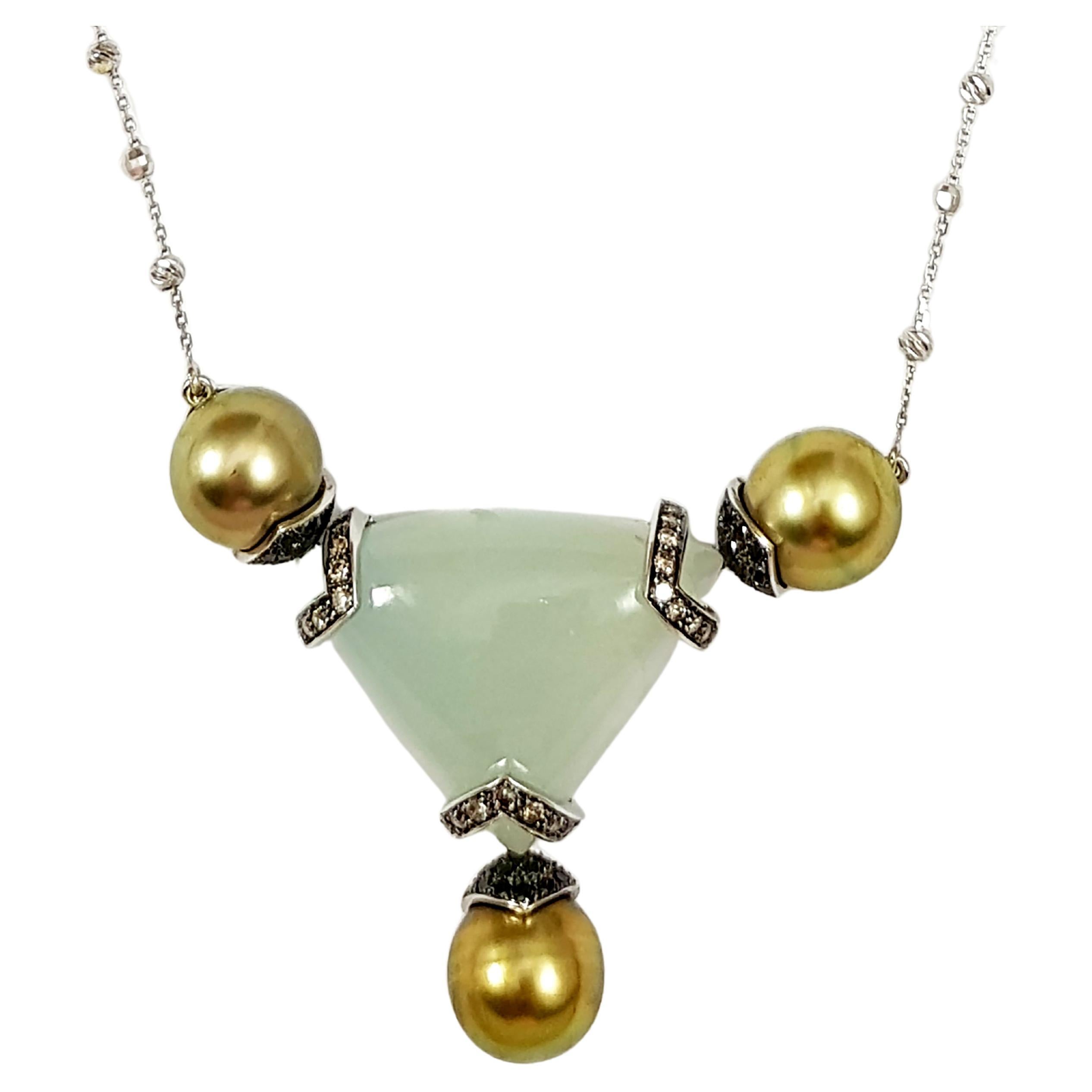 South Sea Pearl, Aquamarine, Black Diamond Necklace Set in 18 Karat White Gold
