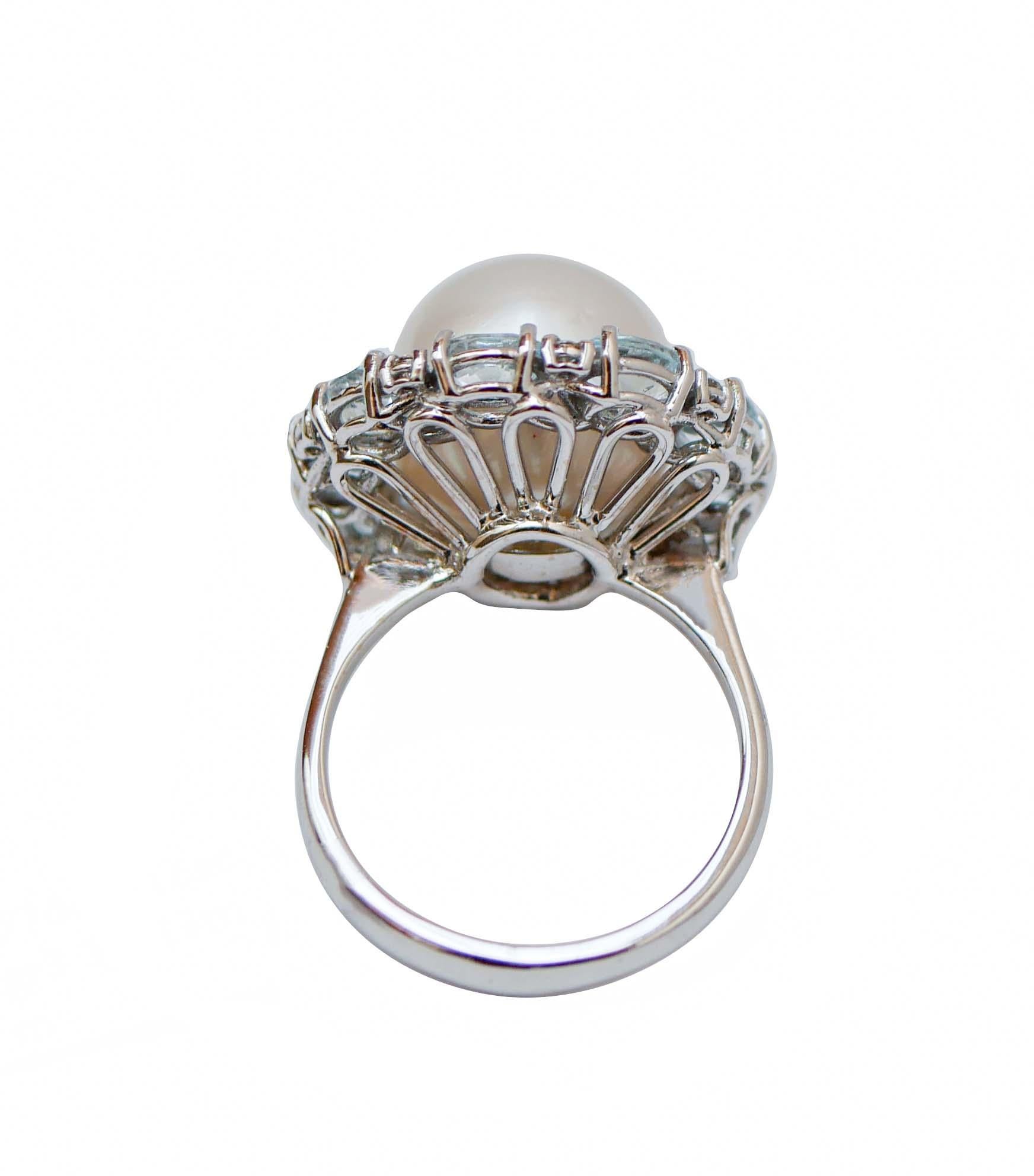 Retro South-Sea Pearl, Aquamarine,  Diamonds, 14 Karat White Gold Ring.
