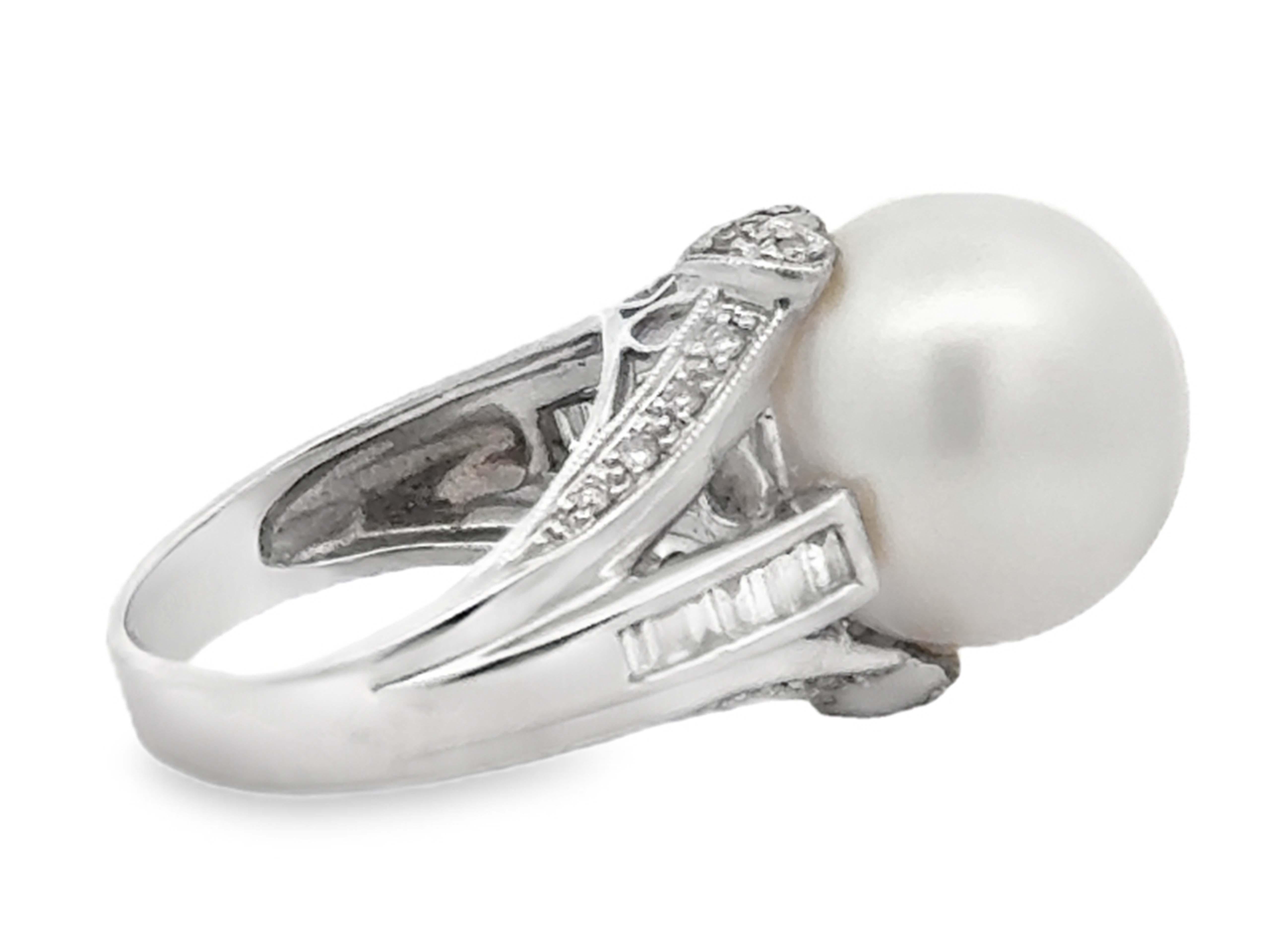 Women's South Sea Pearl Baguette and Brilliant Diamond Heart Ring 14k White Gold For Sale