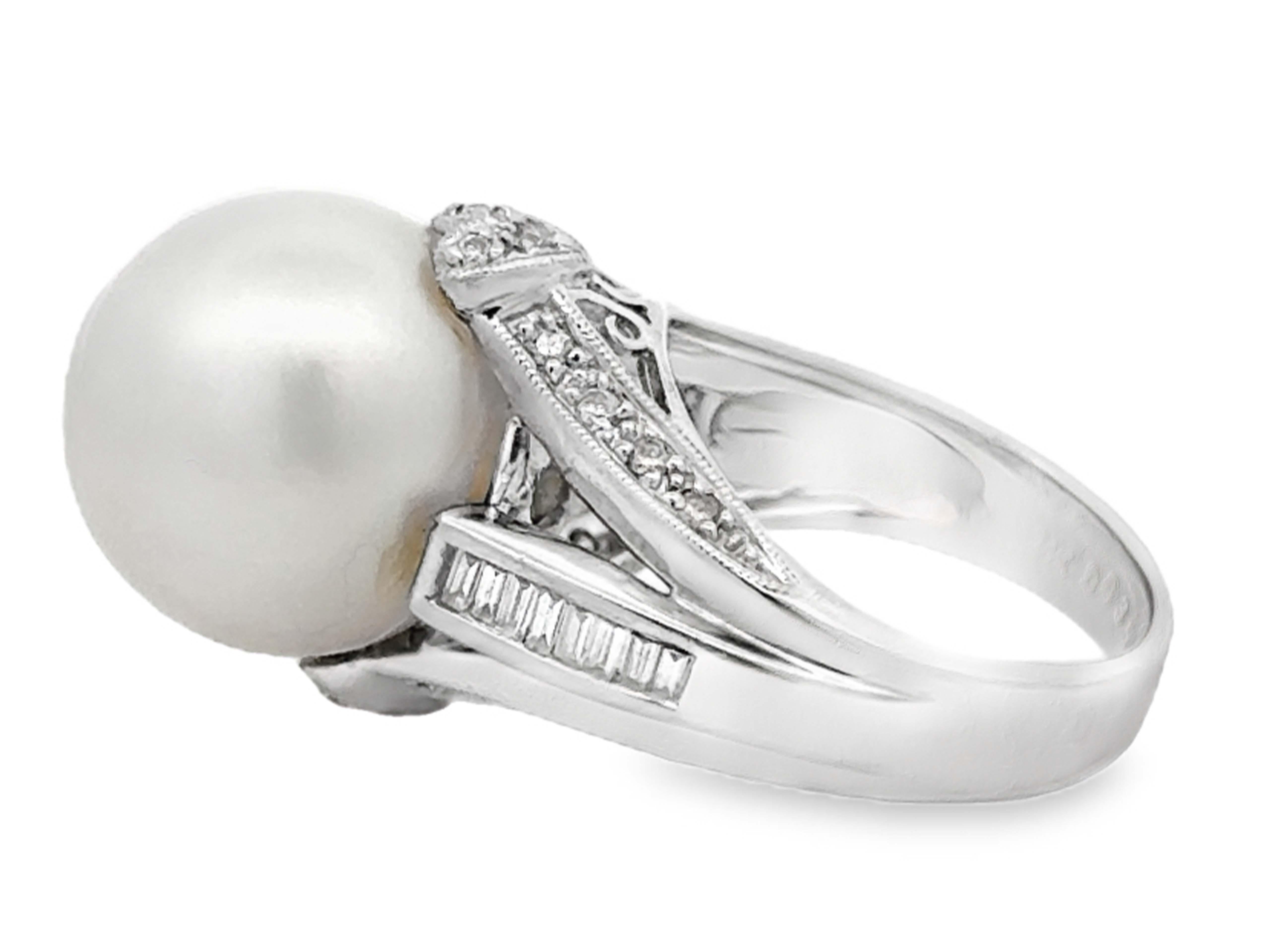 South Sea Pearl Baguette and Brilliant Diamond Heart Ring 14k White Gold For Sale 1