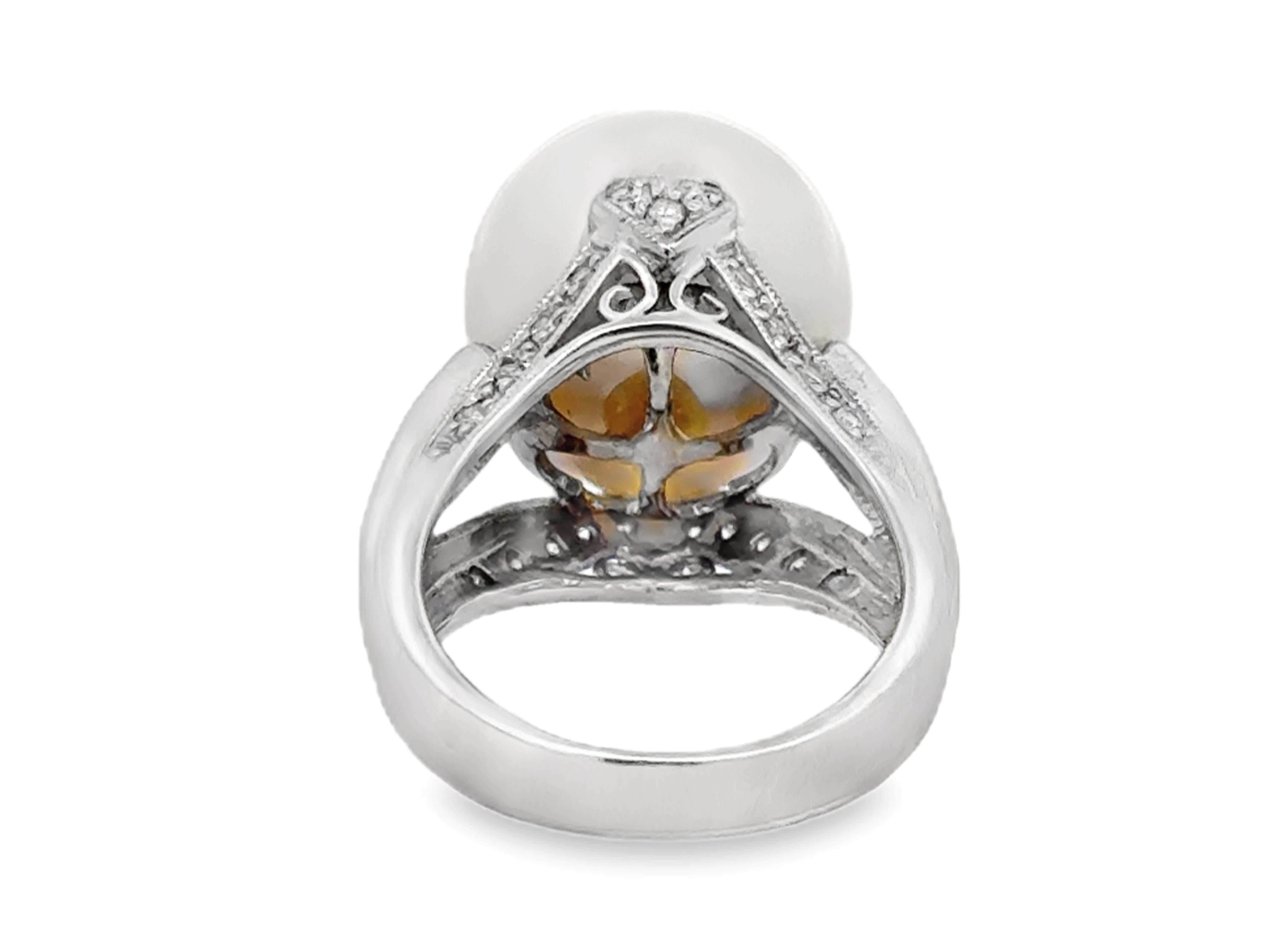 South Sea Pearl Baguette and Brilliant Diamond Heart Ring 14k White Gold For Sale 3