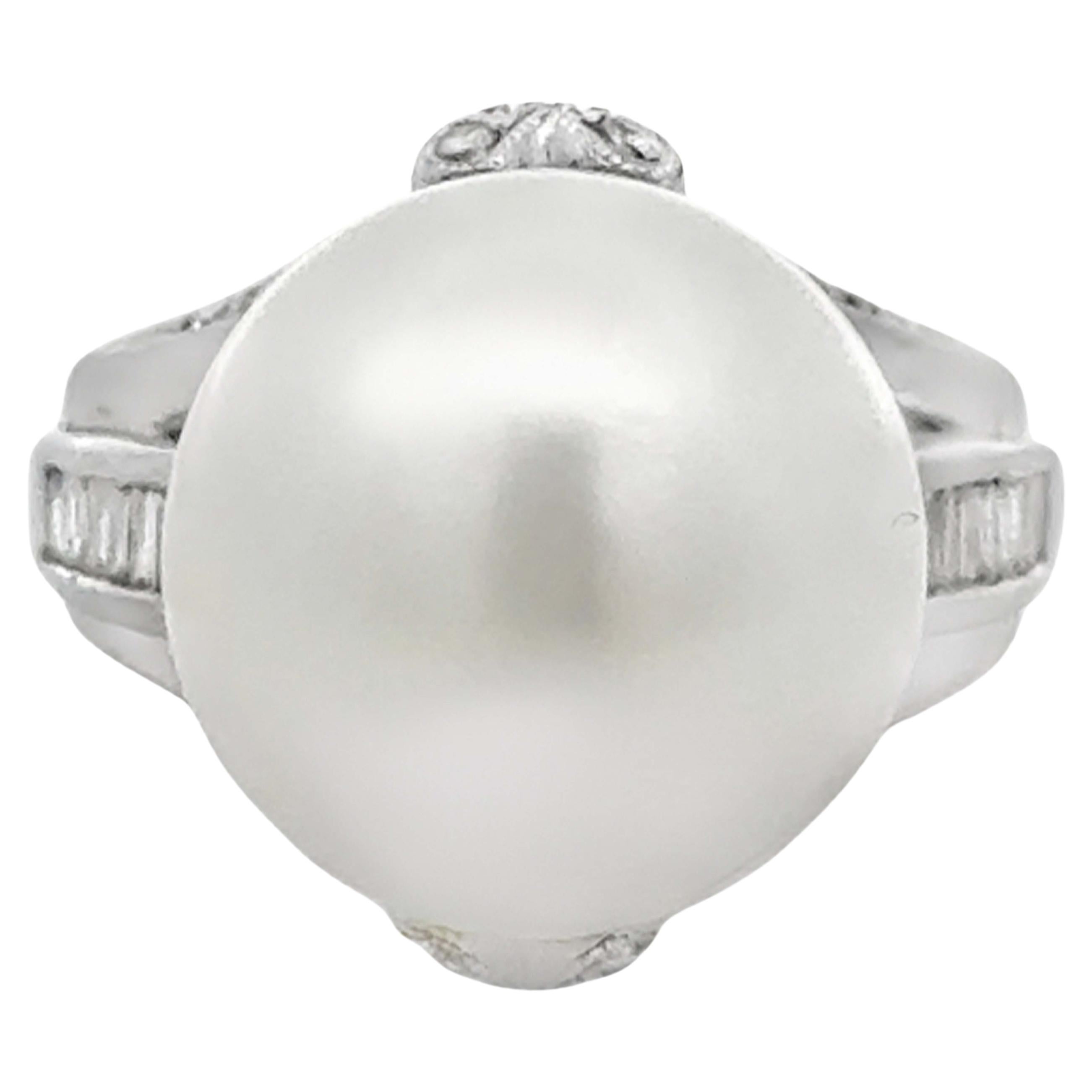 Anillo Corazón Perla del Mar del Sur Baguette y Diamante Brillante Oro Blanco 14k