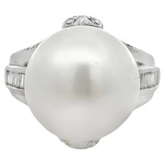 Anillo Corazón Perla del Mar del Sur Baguette y Diamante Brillante Oro Blanco 14k