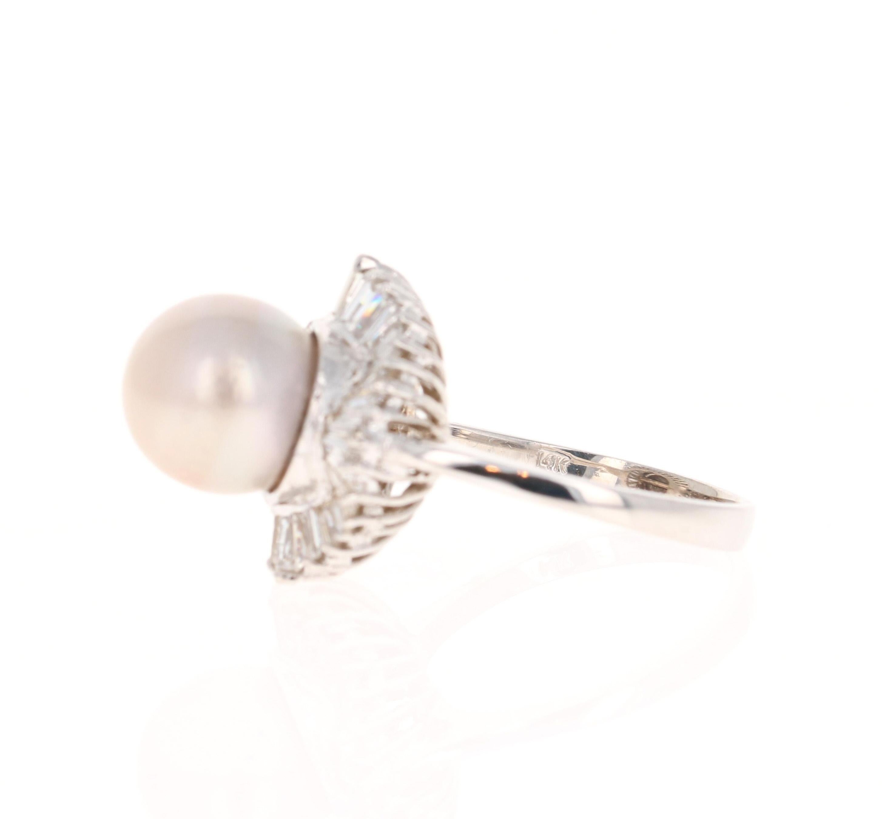Contemporary South Sea Pearl Baguette Diamond 14 Karat White Gold Cocktail Ring