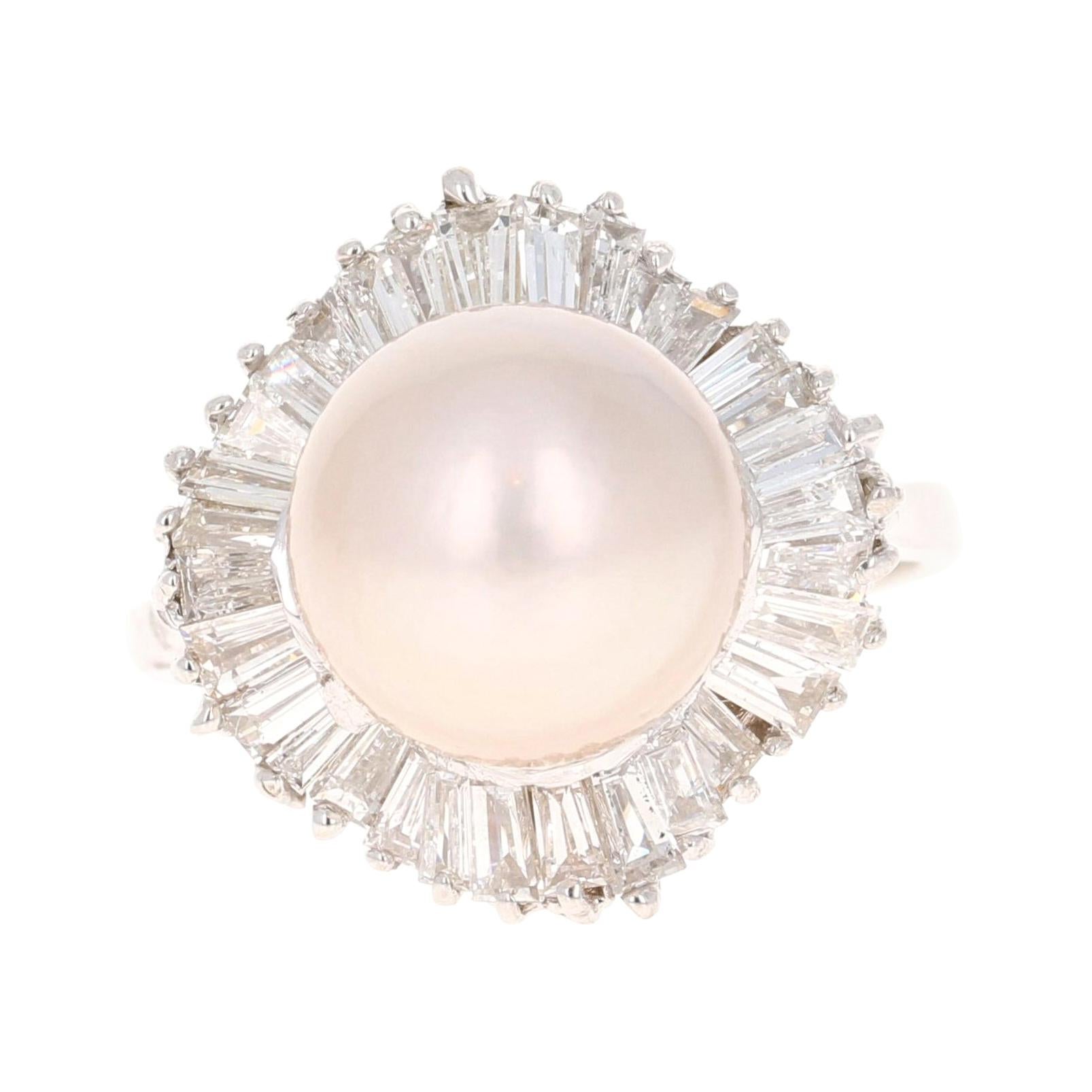 South Sea Pearl Baguette Diamond 14 Karat White Gold Cocktail Ring