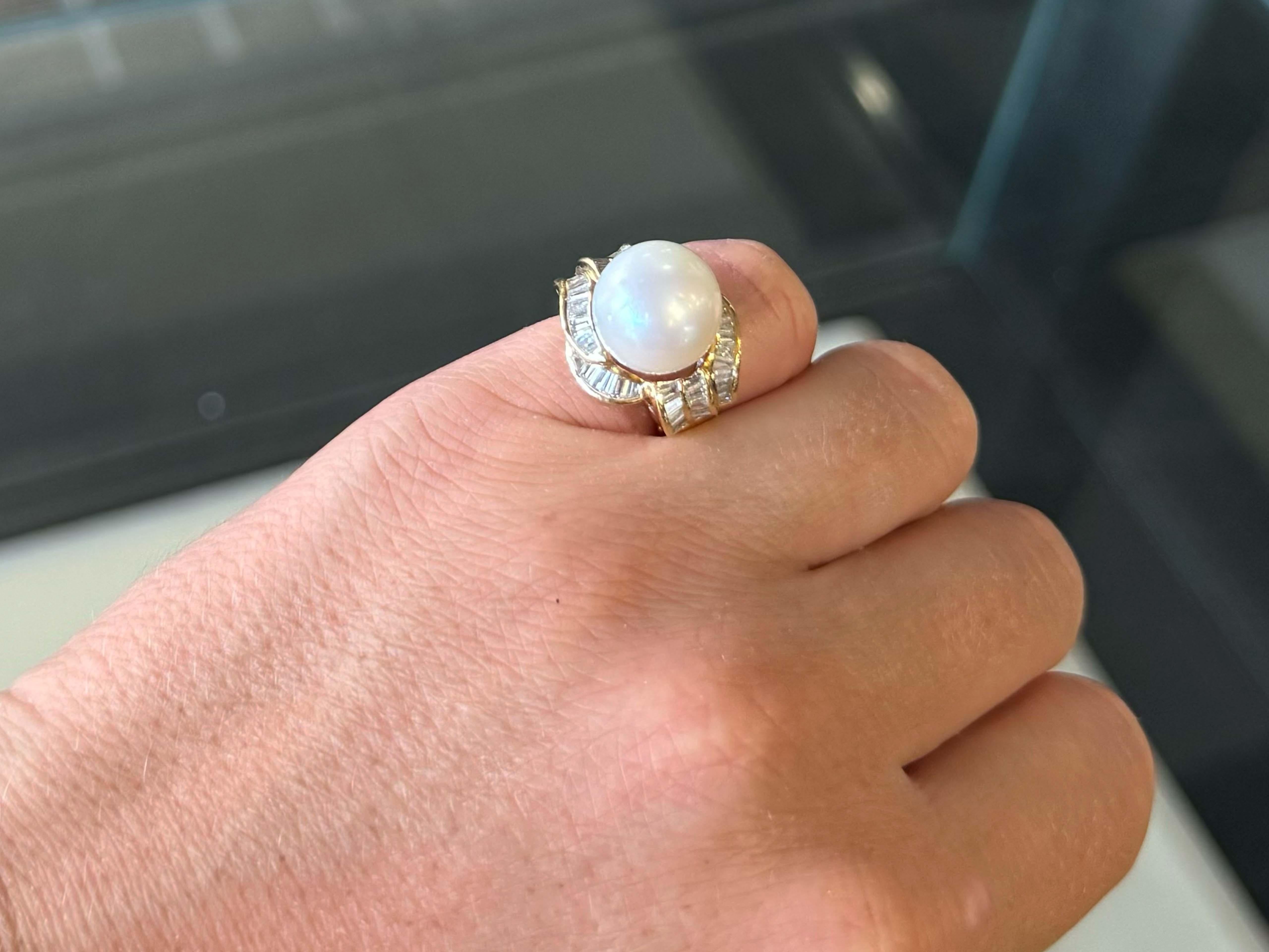 Modern South Sea Pearl Baguette Diamond Halo Ring 18k Yellow Gold For Sale