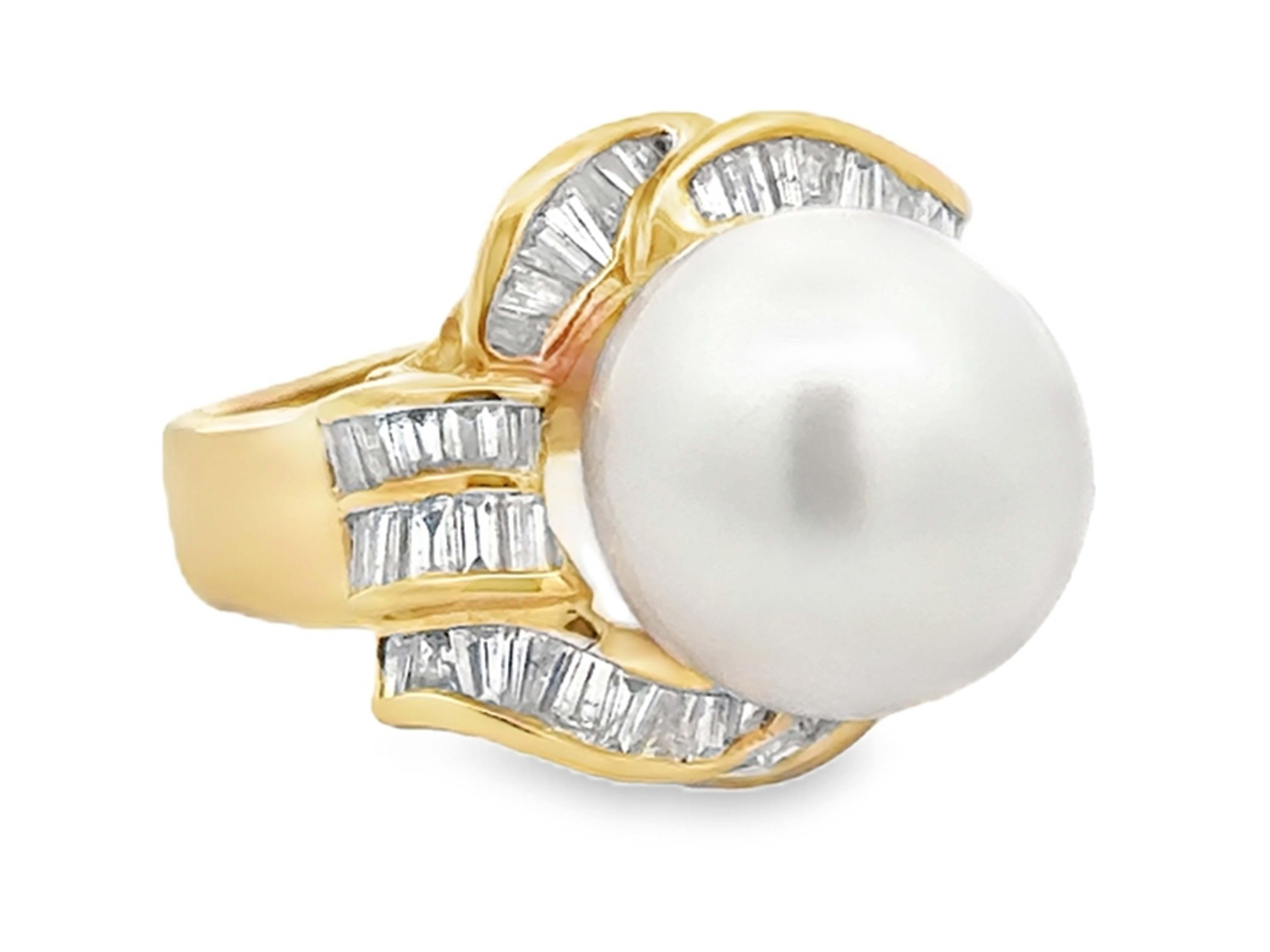 Round Cut South Sea Pearl Baguette Diamond Halo Ring 18k Yellow Gold For Sale