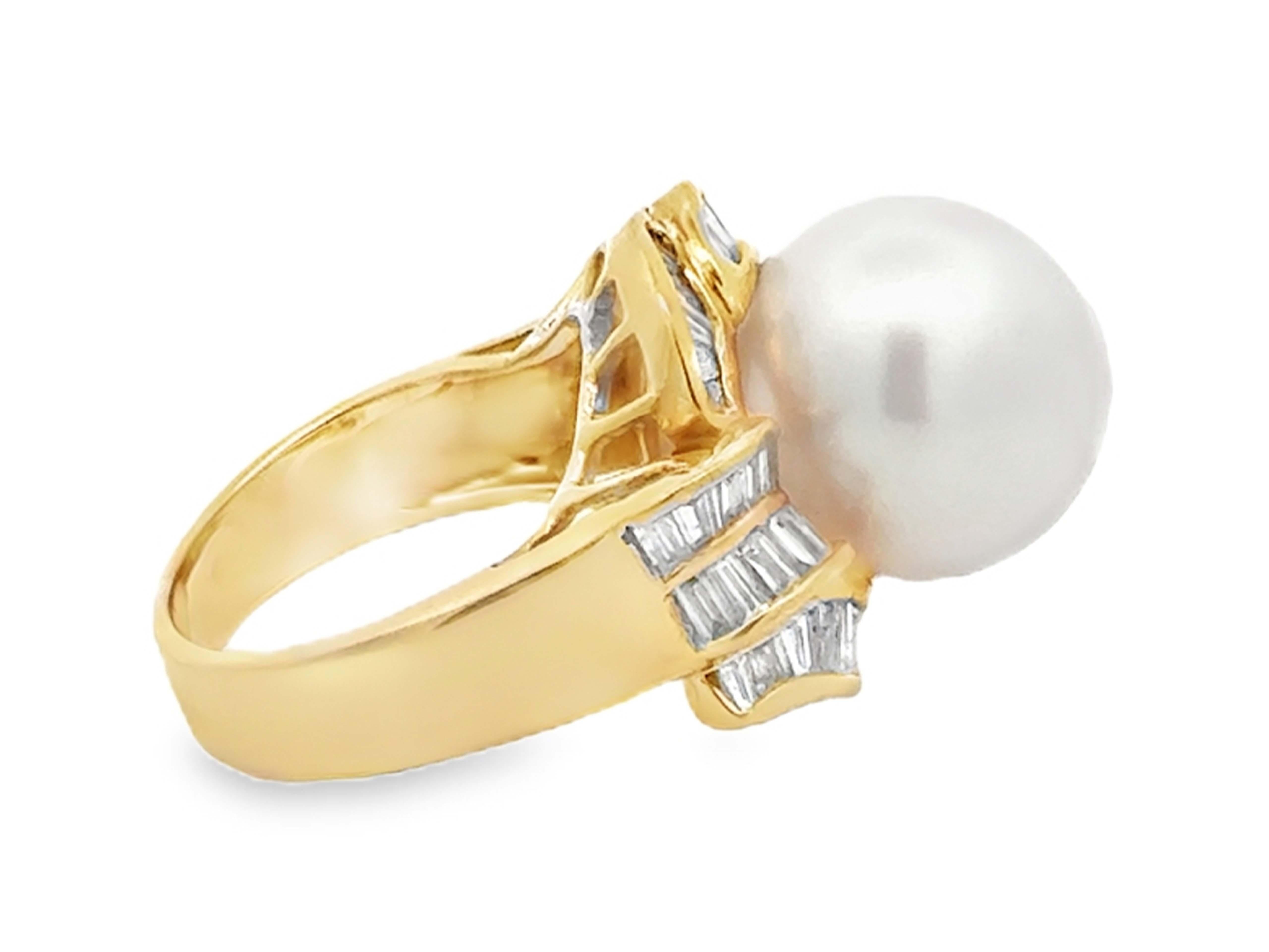 Women's South Sea Pearl Baguette Diamond Halo Ring 18k Yellow Gold For Sale
