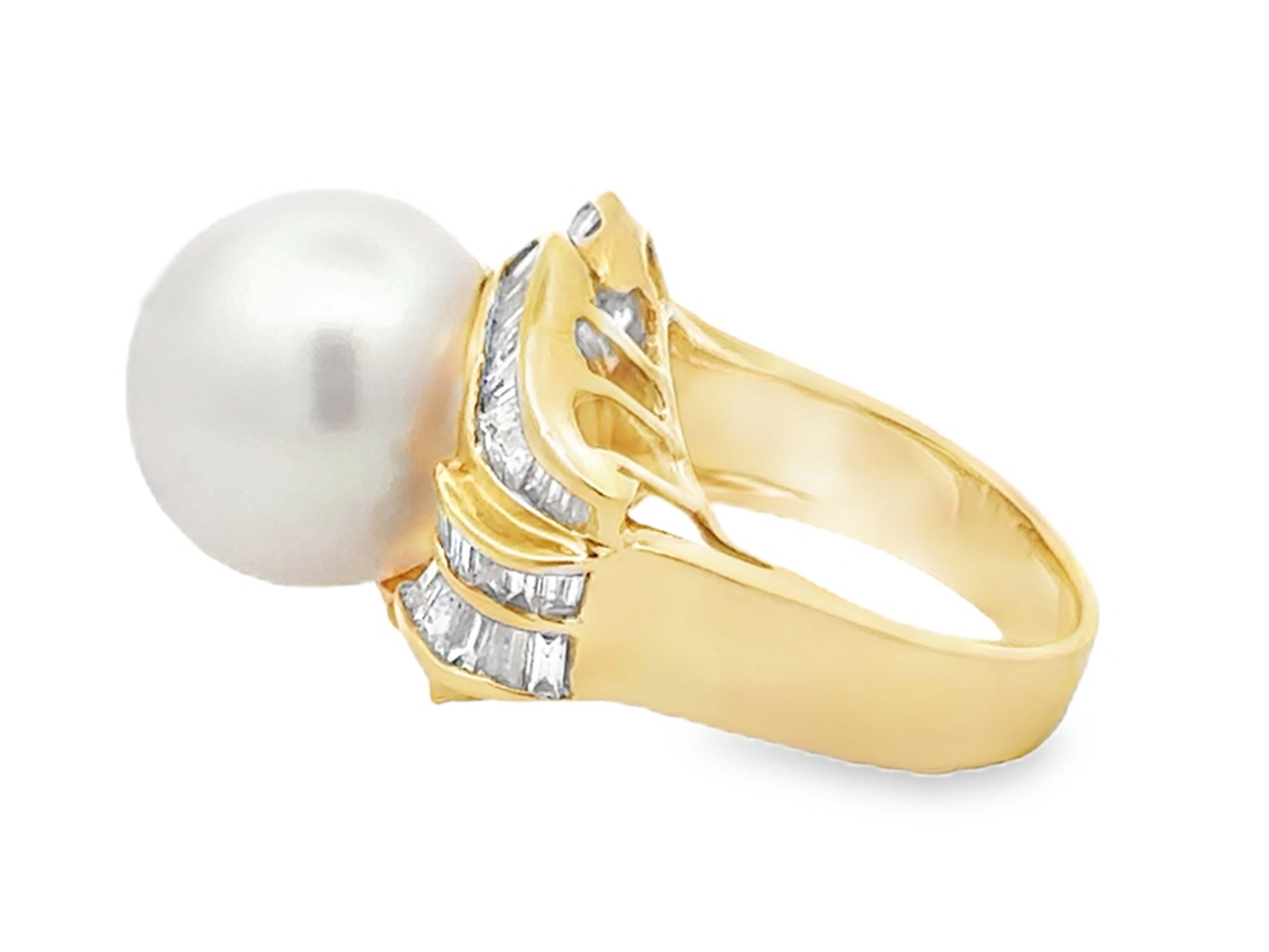South Sea Pearl Baguette Diamond Halo Ring 18k Yellow Gold For Sale 1