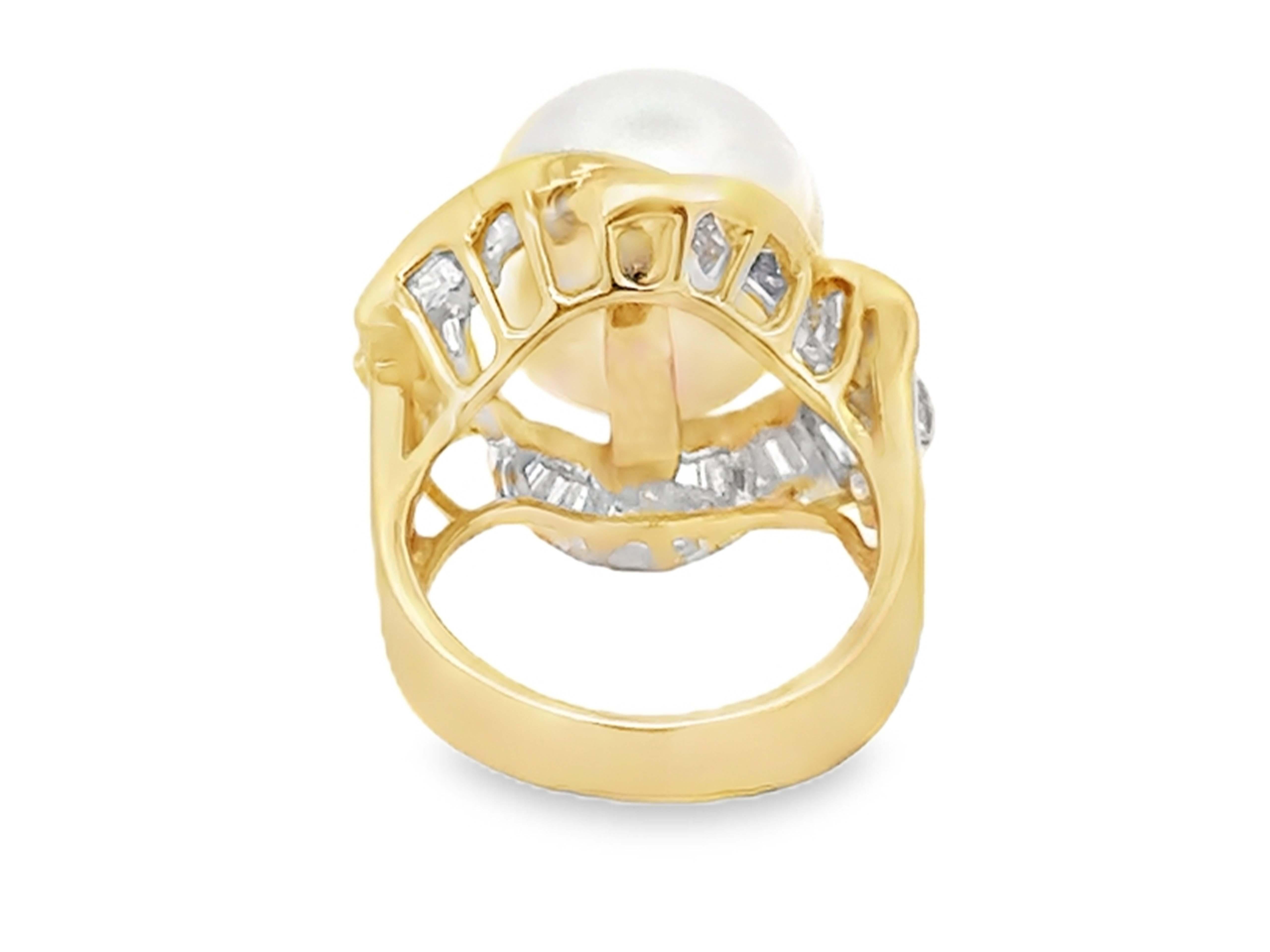 South Sea Pearl Baguette Diamond Halo Ring 18k Yellow Gold For Sale 2