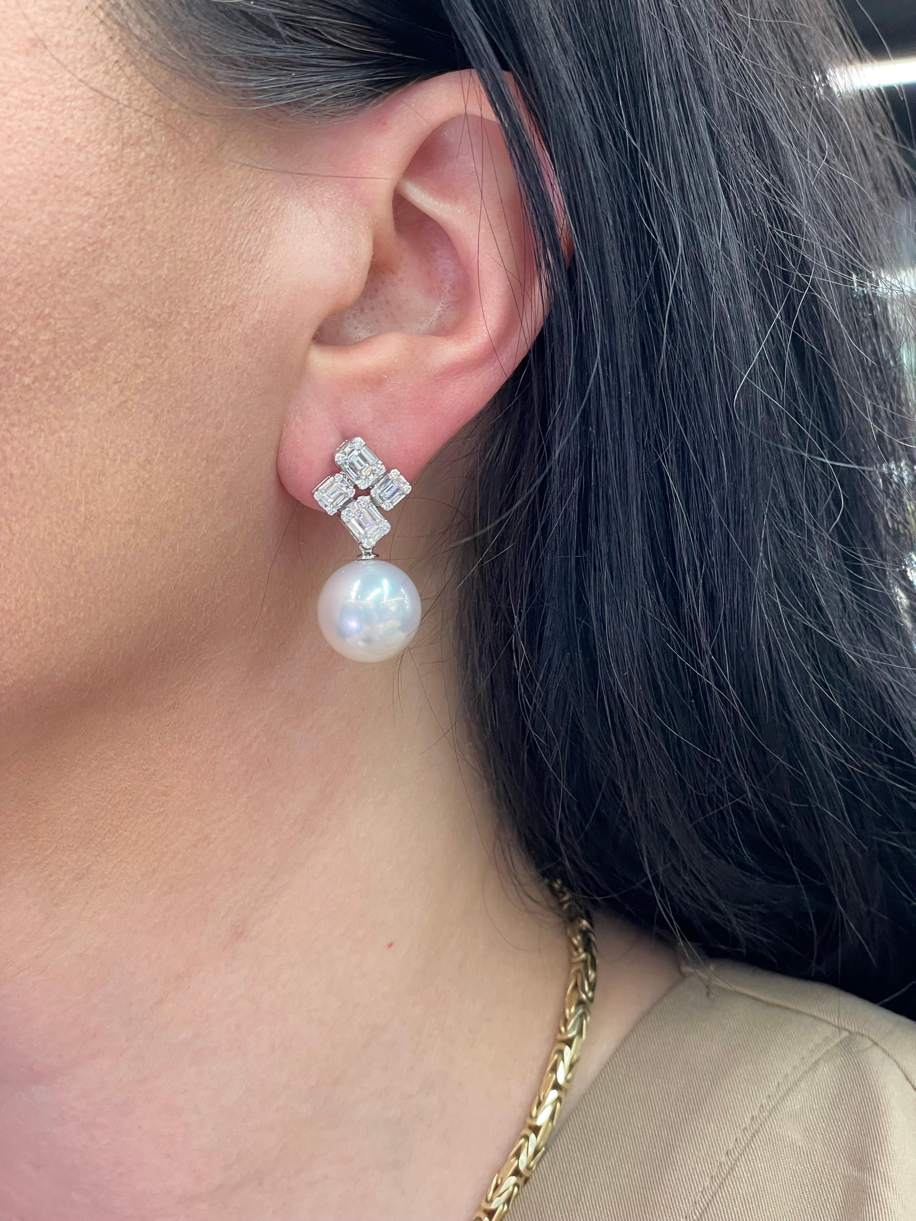 Women's South Sea Pearl Baguette Diamond Illusion Drop Earrings 1.52 Carats 18 Karat For Sale