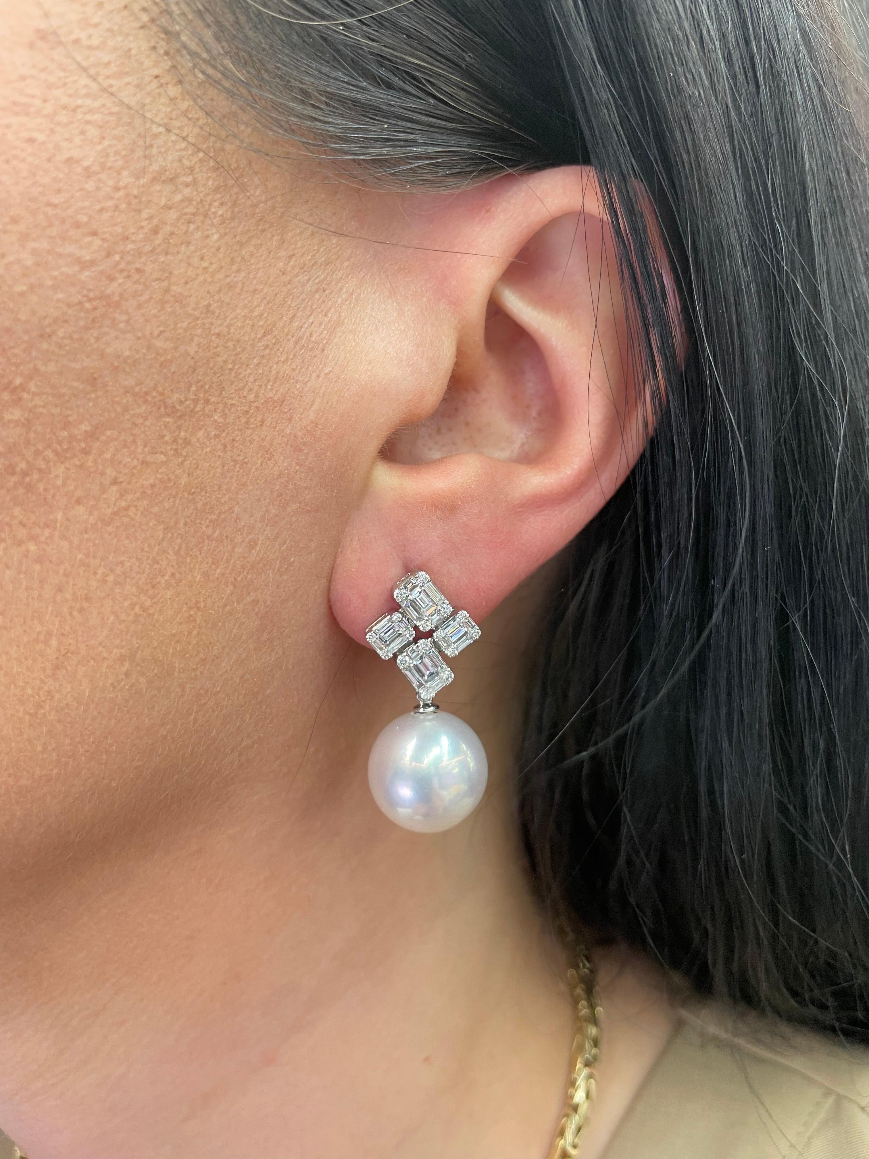South Sea Pearl Baguette Diamond Illusion Drop Earrings 1.52 Carats 18 Karat For Sale 1