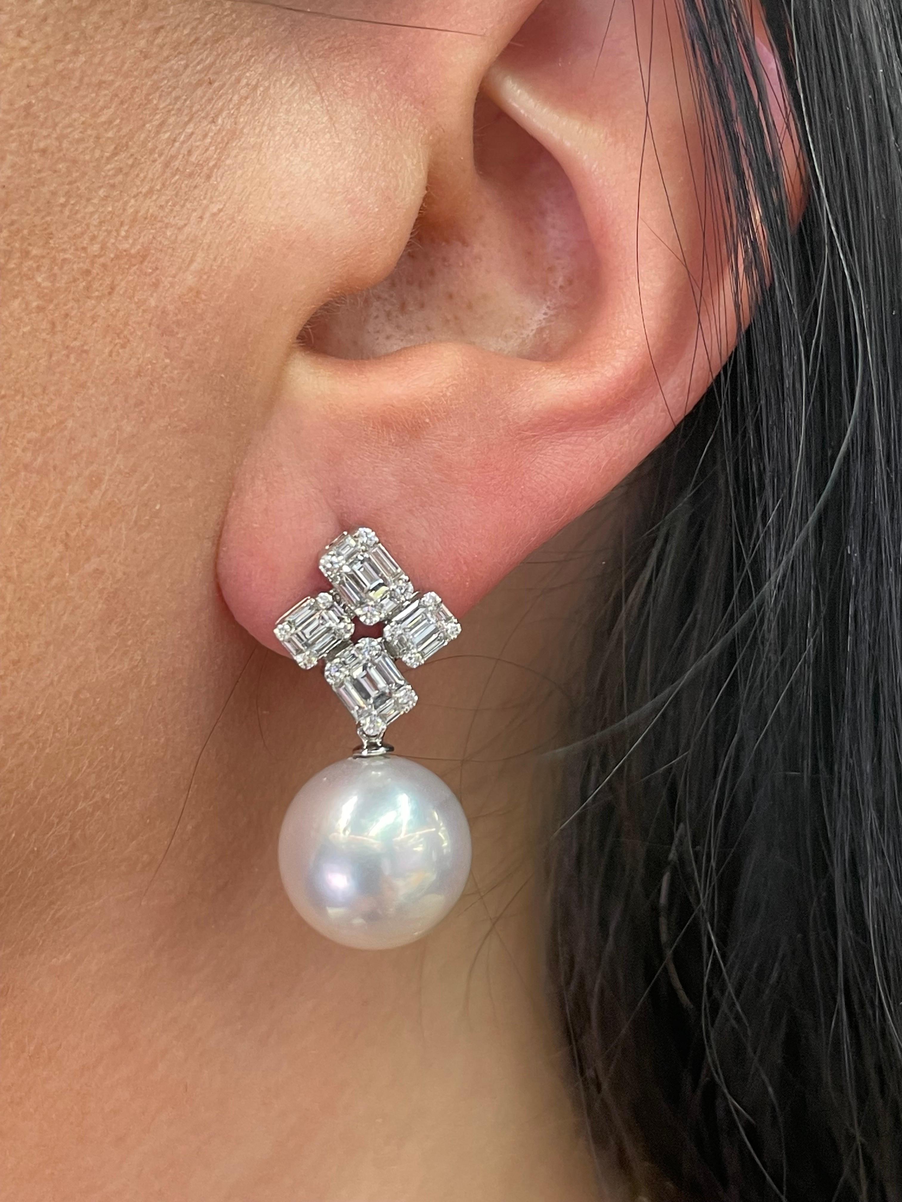 South Sea Pearl Baguette Diamond Illusion Drop Earrings 1.52 Carats 18 Karat For Sale 2