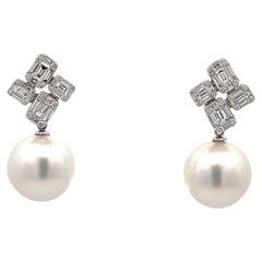 South Sea Pearl Baguette Diamond Illusion Drop Earrings 1.52 Carats 18 Karat