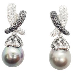 Boucles d'oreilles détachables en or blanc 18 carats, perles des mers du Sud et diamants noirs