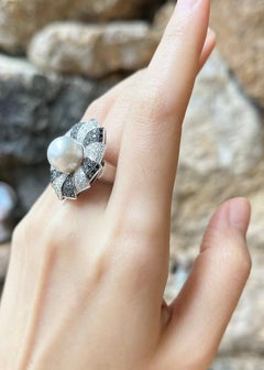 South Sea Pearl, Black Diamond and Diamond Ring set in 18K White Gold Settings