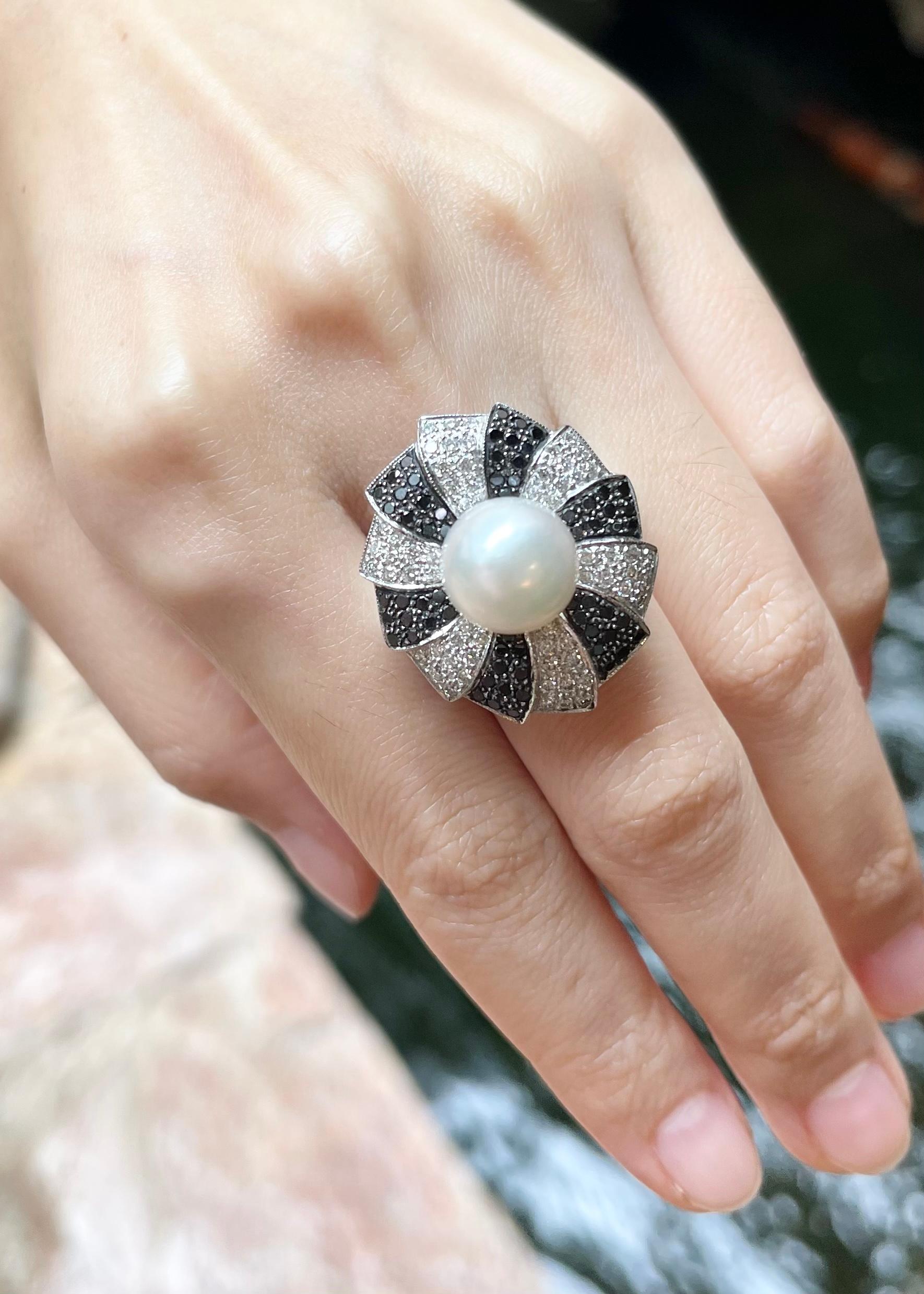 Contemporary South Sea Pearl, Black Diamond and Diamond Ring set in 18K White Gold Settings For Sale