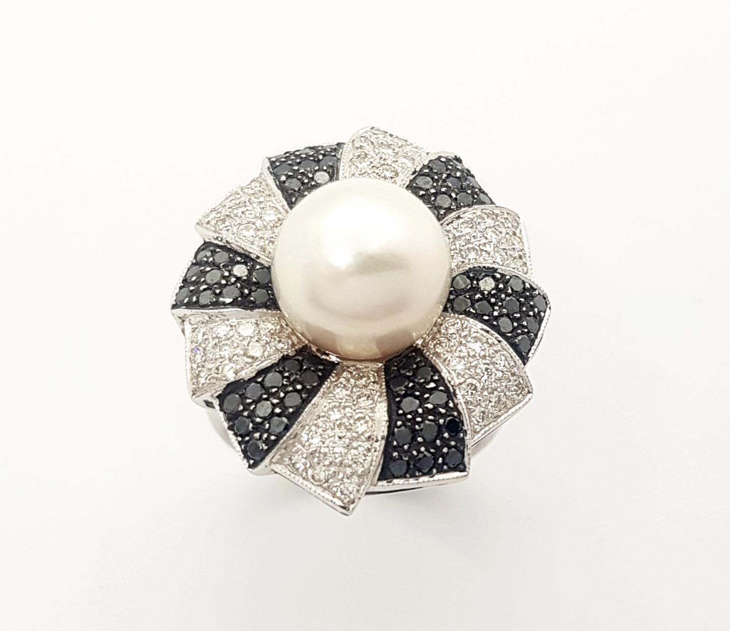 Women's South Sea Pearl, Black Diamond and Diamond Ring set in 18K White Gold Settings For Sale