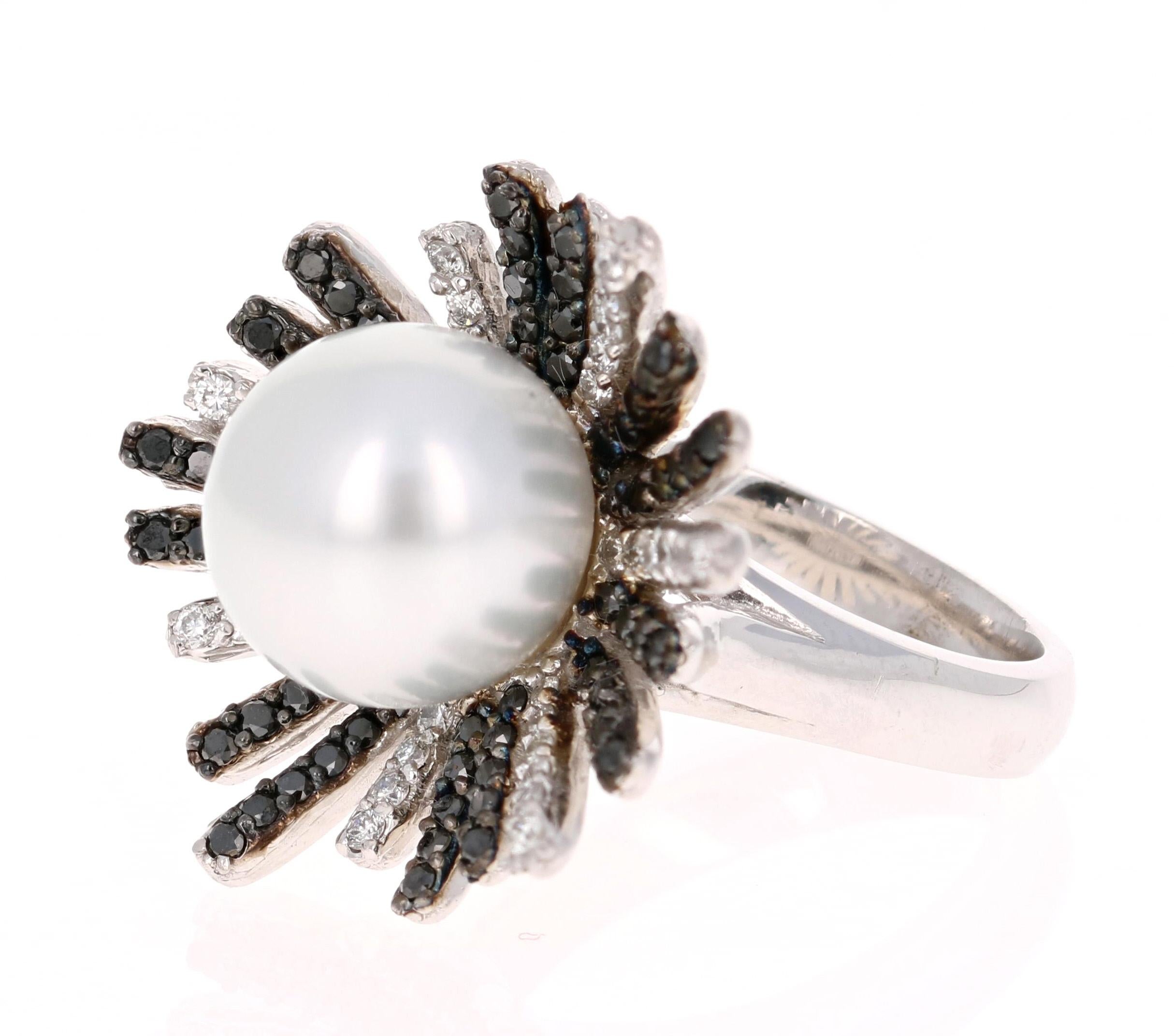 Modern South Sea Pearl Black Diamond Cocktail Ring For Sale