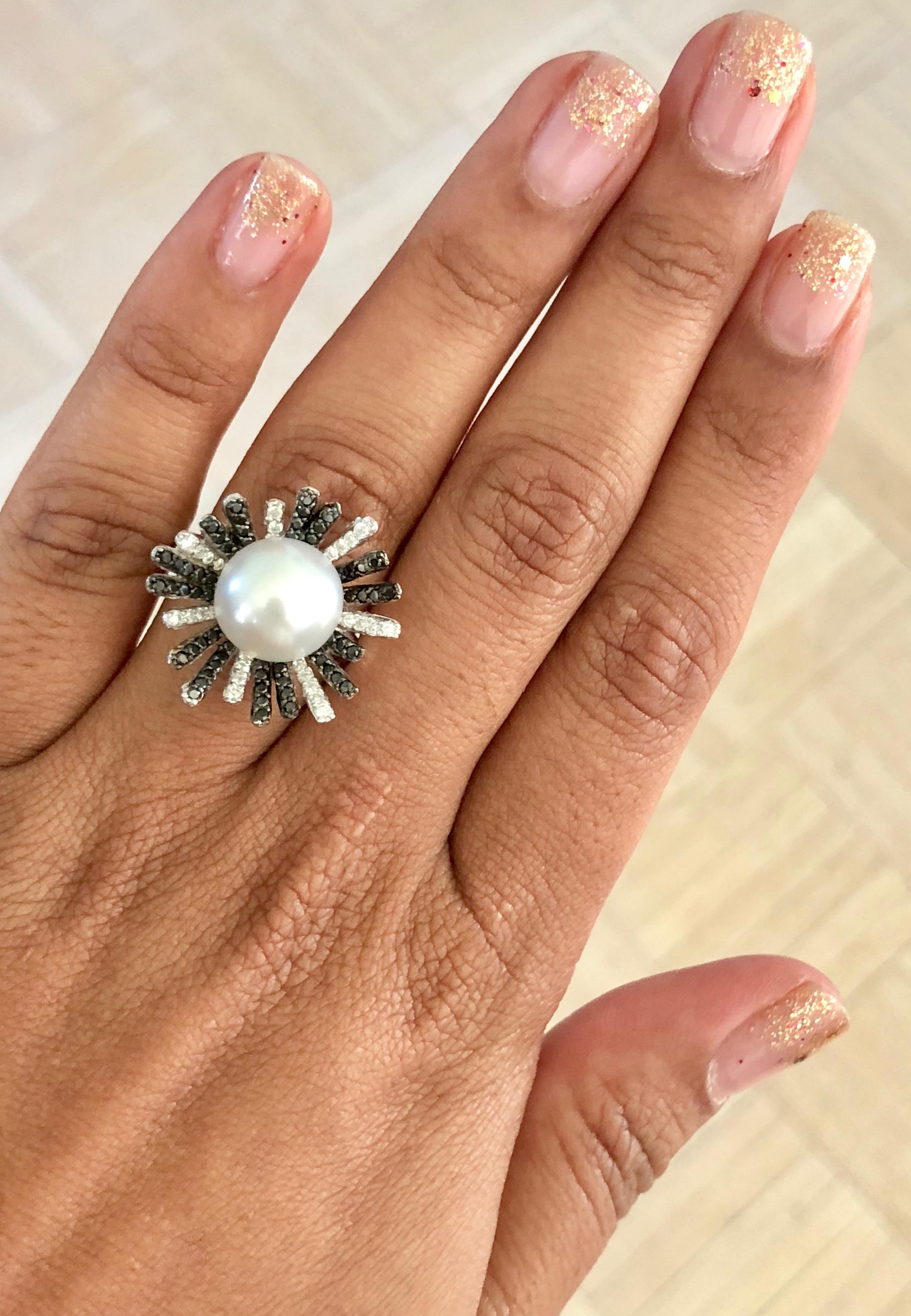 South Sea Pearl Black Diamond Cocktail Ring In New Condition For Sale In Los Angeles, CA