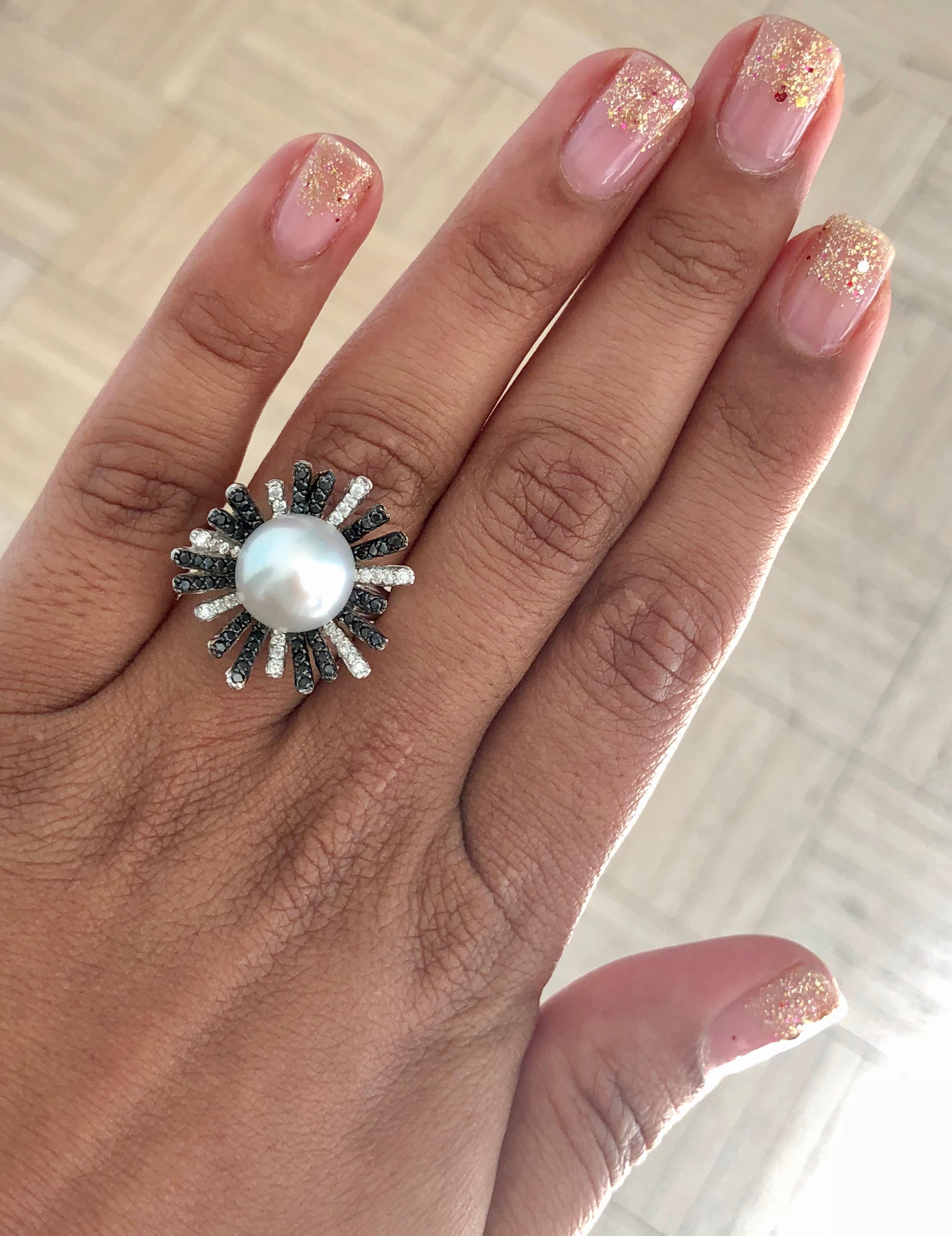 Women's South Sea Pearl Black Diamond Cocktail Ring For Sale