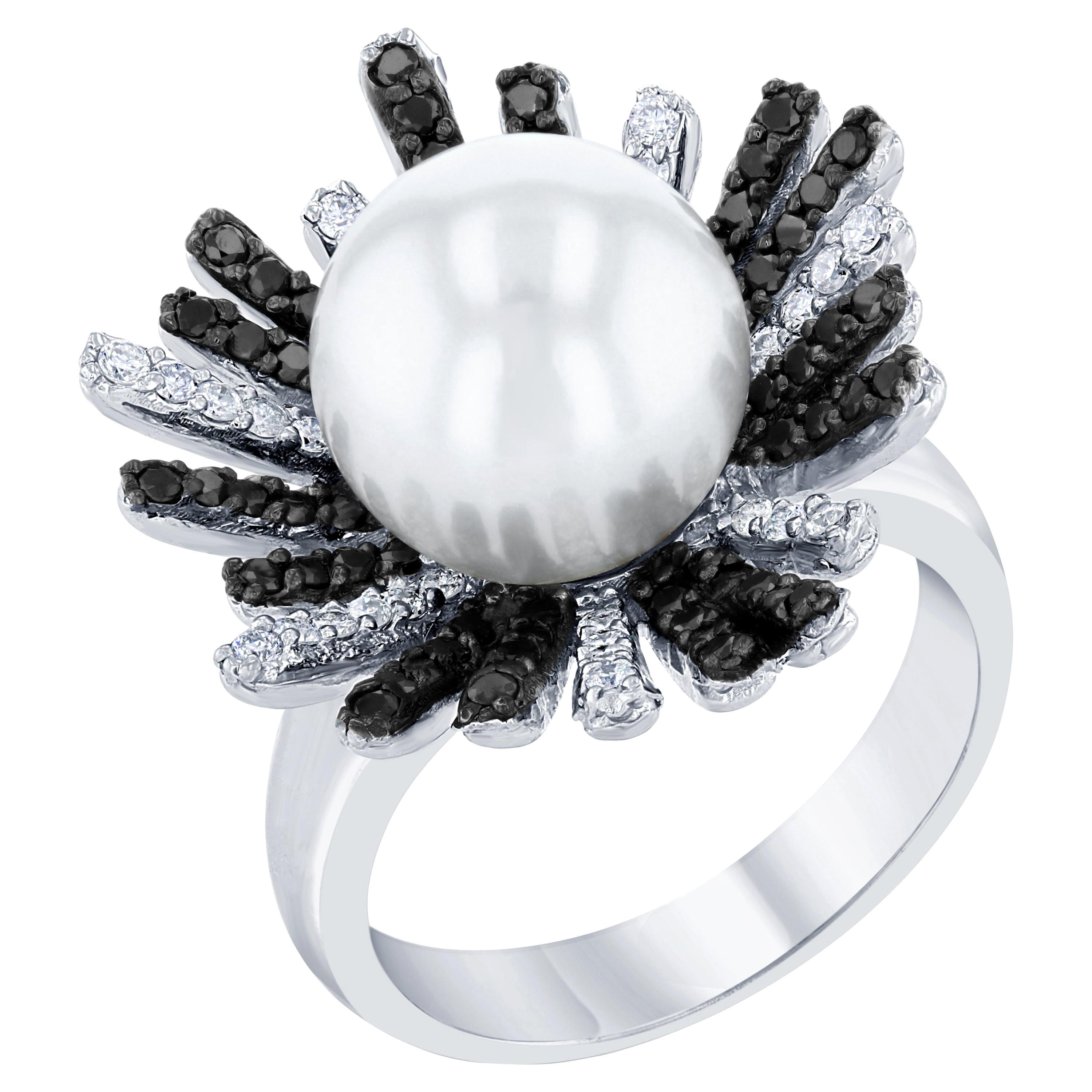 South Sea Pearl Black Diamond Cocktail Ring For Sale