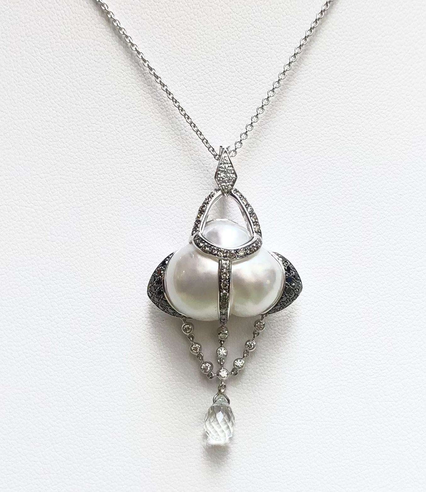 Contemporary South Sea Pearl, Black Diamond, Diamond Pendant in 18 Karat White Gold Settings For Sale