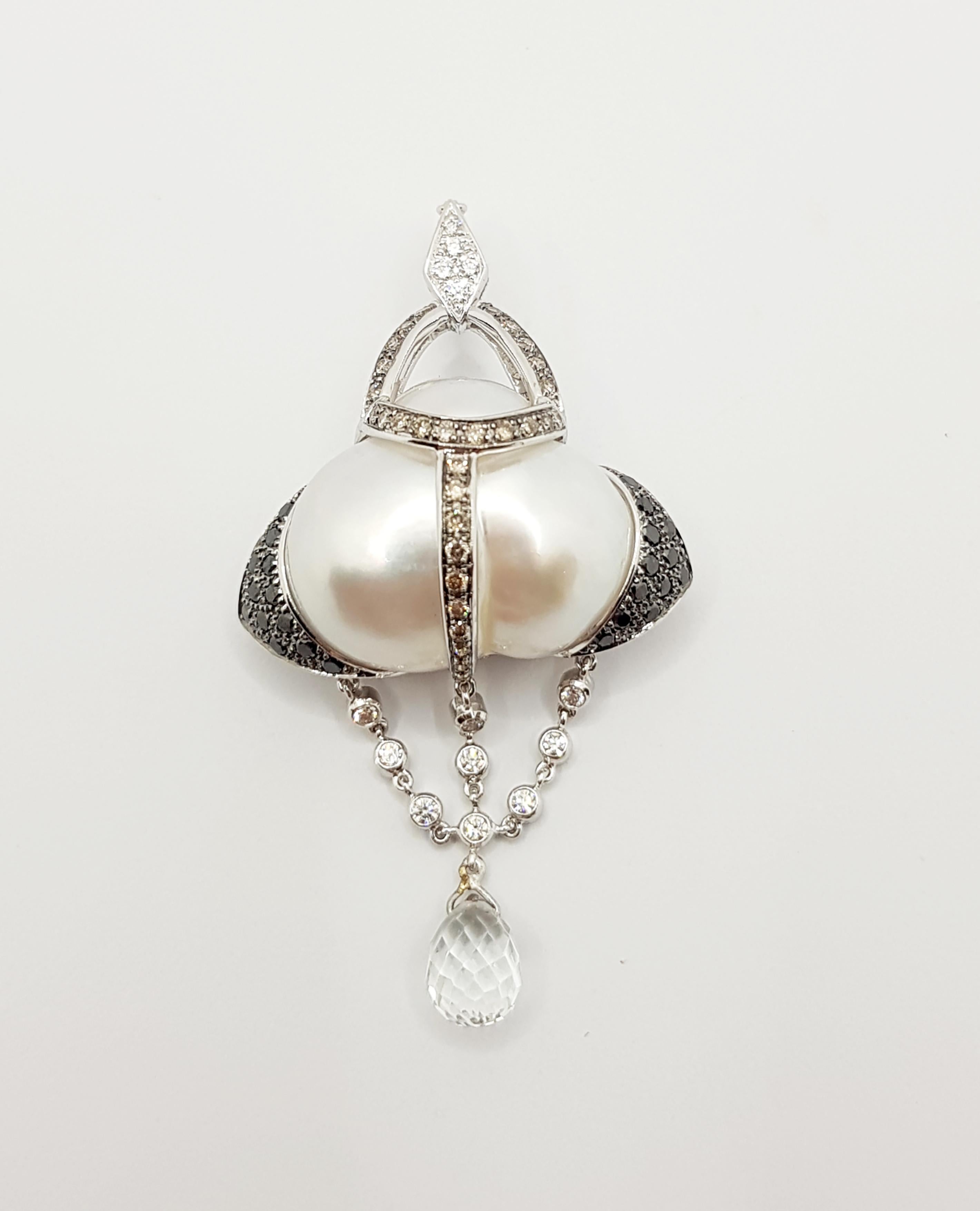 Mixed Cut South Sea Pearl, Black Diamond, Diamond Pendant in 18 Karat White Gold Settings For Sale