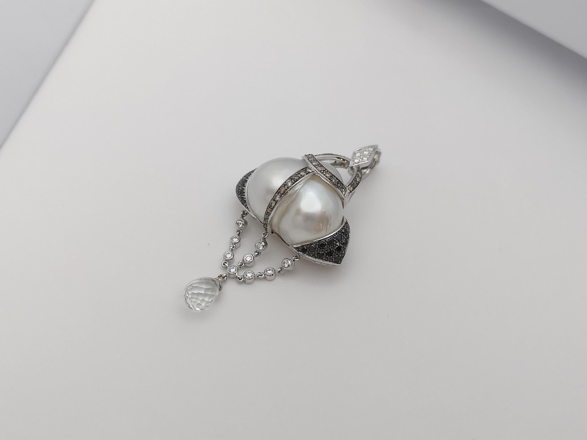 Women's South Sea Pearl, Black Diamond, Diamond Pendant in 18 Karat White Gold Settings For Sale