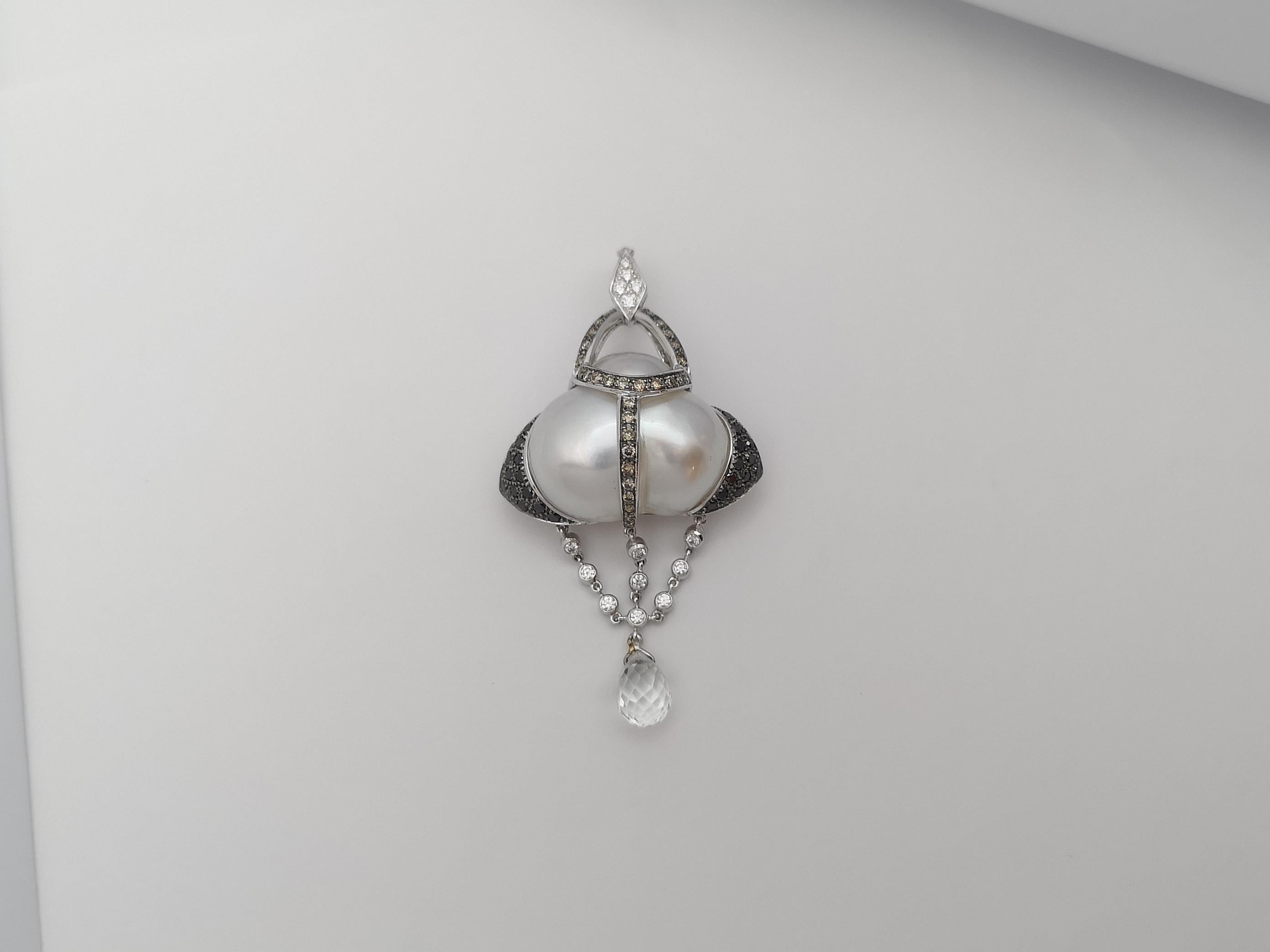 South Sea Pearl, Black Diamond, Diamond Pendant in 18 Karat White Gold Settings For Sale 1