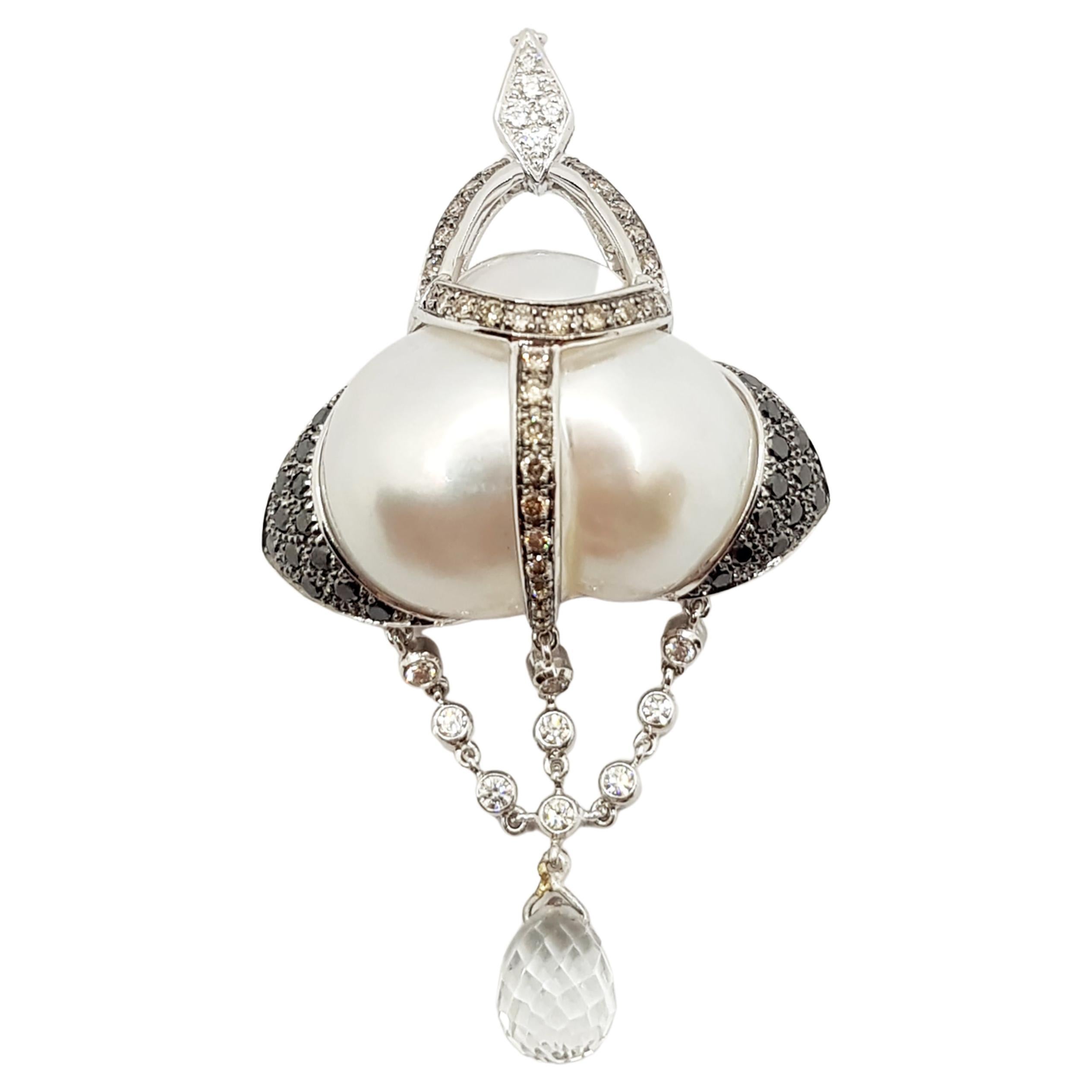 South Sea Pearl, Black Diamond, Diamond Pendant in 18 Karat White Gold Settings For Sale