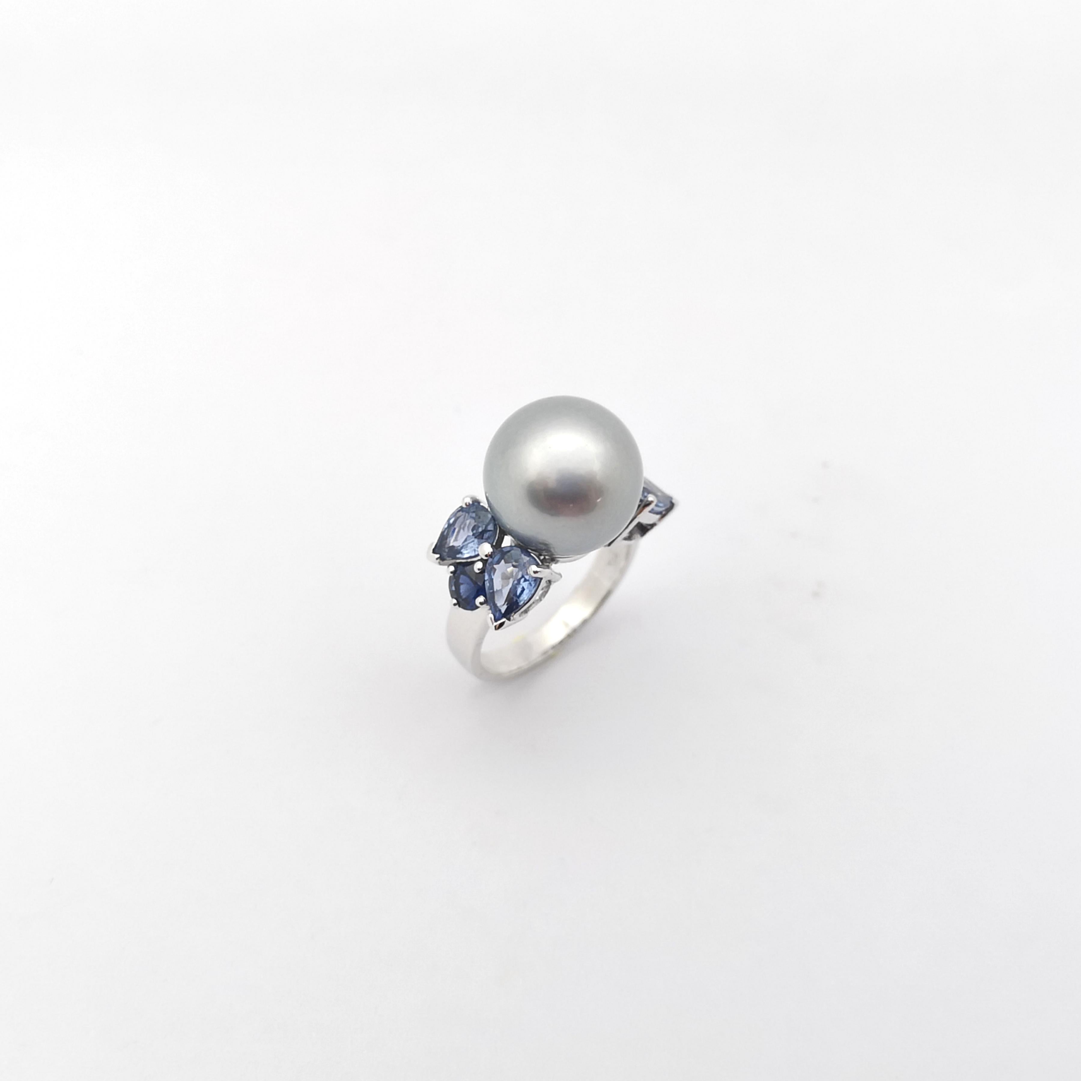 South Sea Pearl, Blue Sapphire and Aquamarine Ring set in 18K White Gold Setting For Sale 5