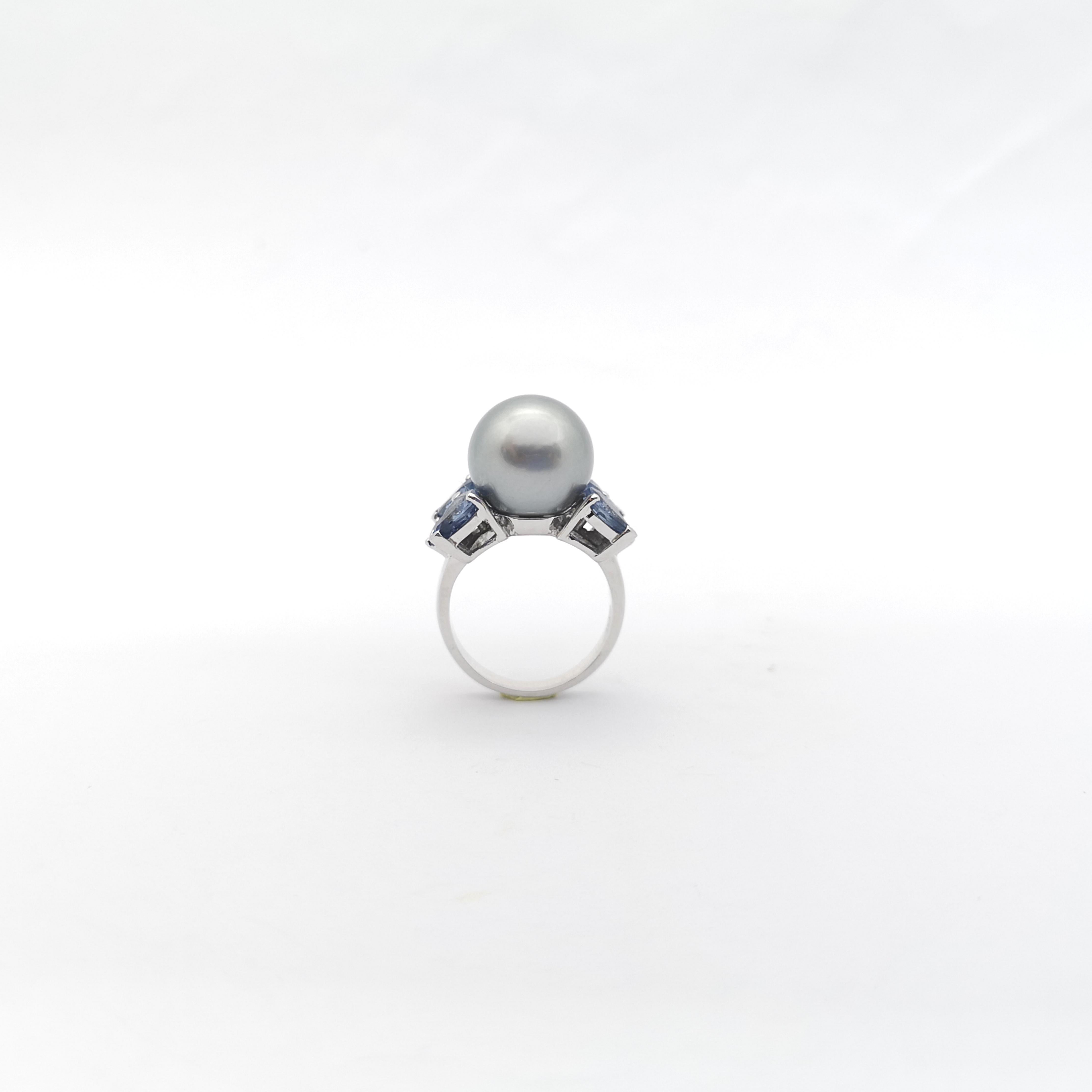 South Sea Pearl, Blue Sapphire and Aquamarine Ring set in 18K White Gold Setting For Sale 6
