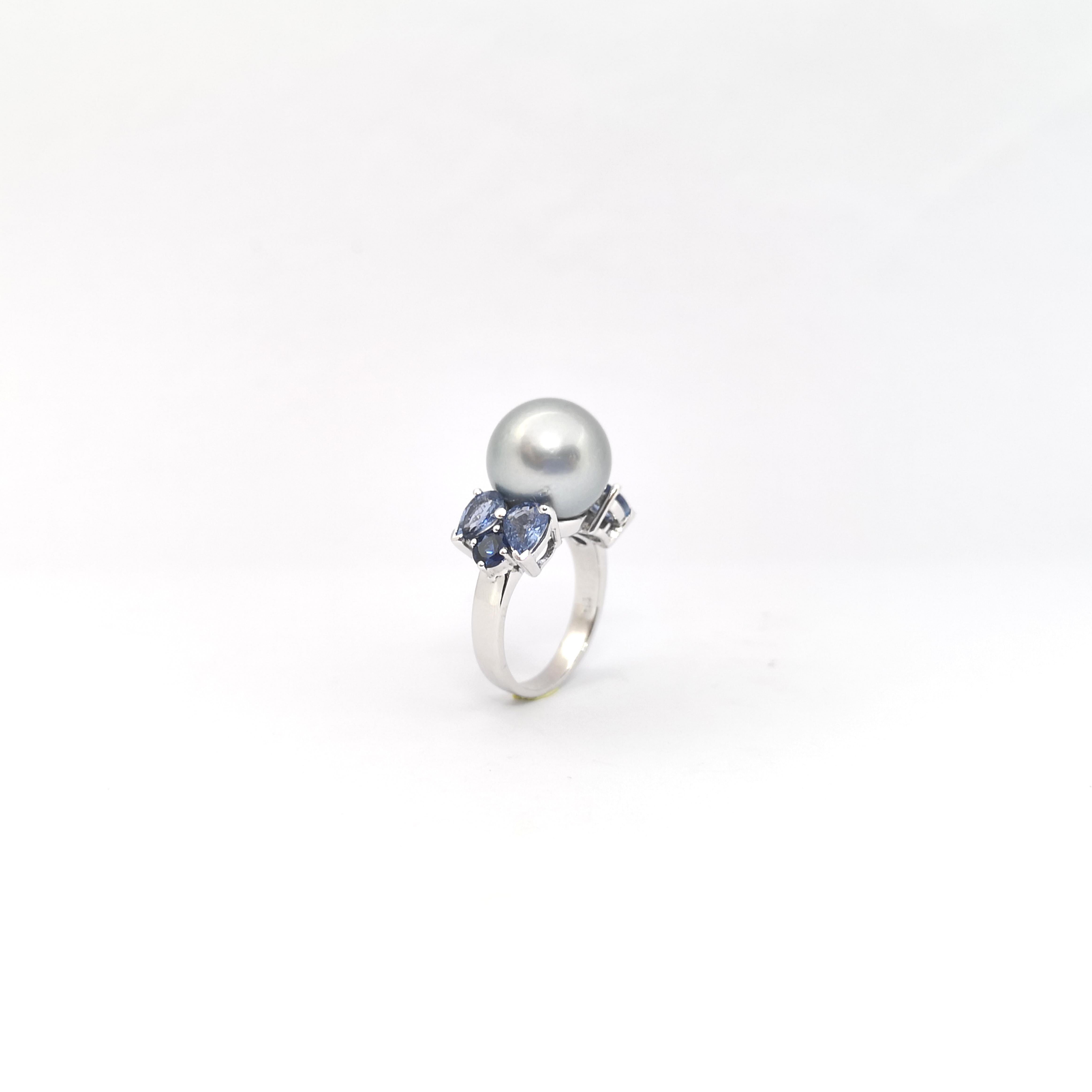 South Sea Pearl, Blue Sapphire and Aquamarine Ring set in 18K White Gold Setting For Sale 8