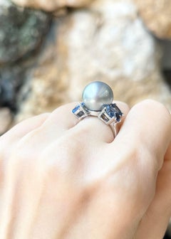 South Sea Pearl, Blue Sapphire and Aquamarine Ring set in 18K White Gold Setting