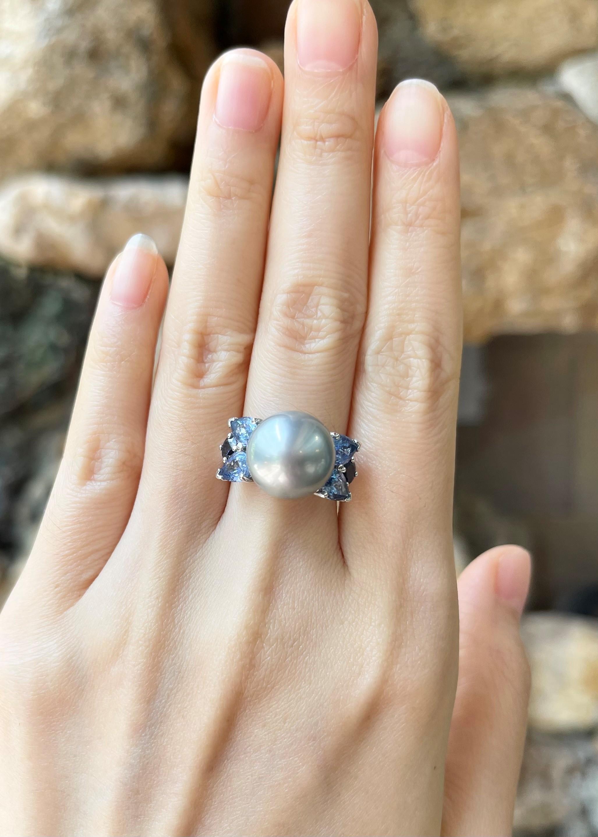 Mixed Cut South Sea Pearl, Blue Sapphire and Aquamarine Ring set in 18K White Gold Setting For Sale