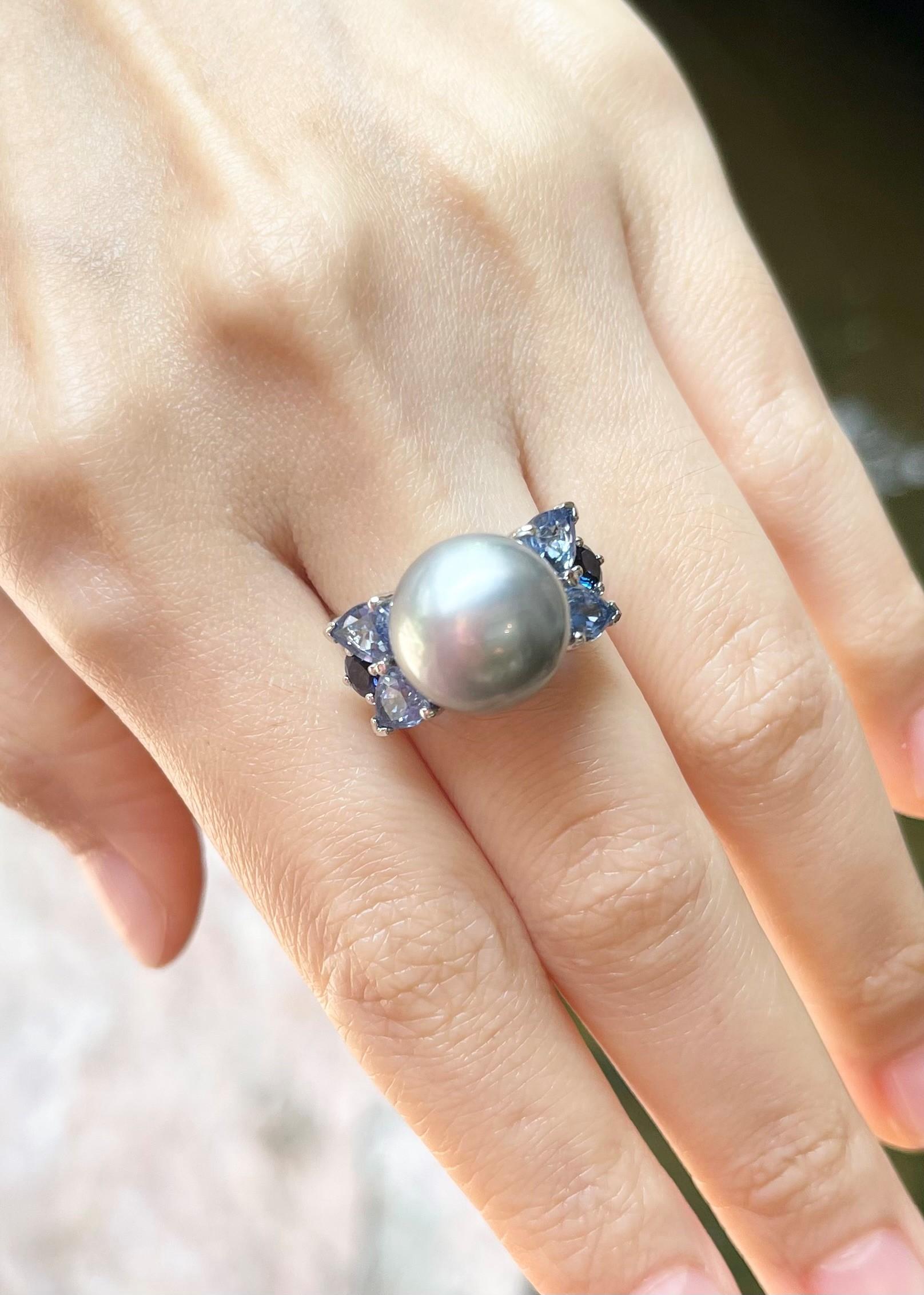 Women's South Sea Pearl, Blue Sapphire and Aquamarine Ring set in 18K White Gold Setting For Sale