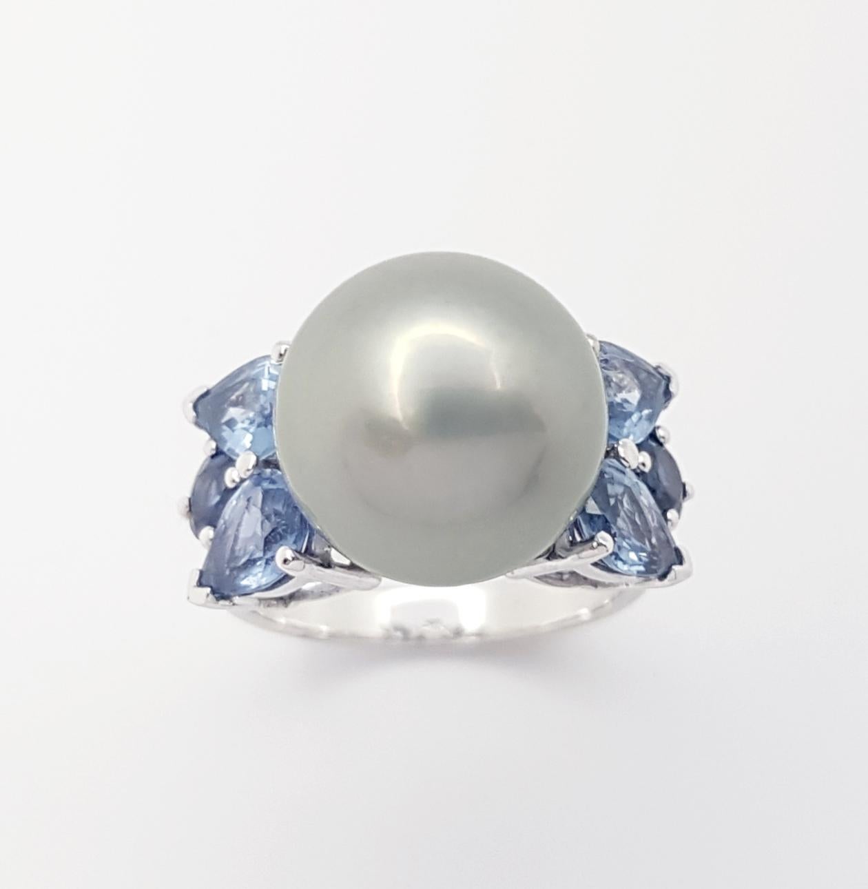 South Sea Pearl, Blue Sapphire and Aquamarine Ring set in 18K White Gold Setting For Sale 1