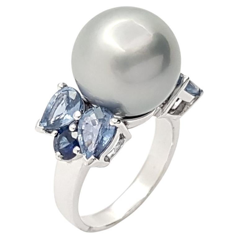 South Sea Pearl, Blue Sapphire and Aquamarine Ring set in 18K White Gold Setting