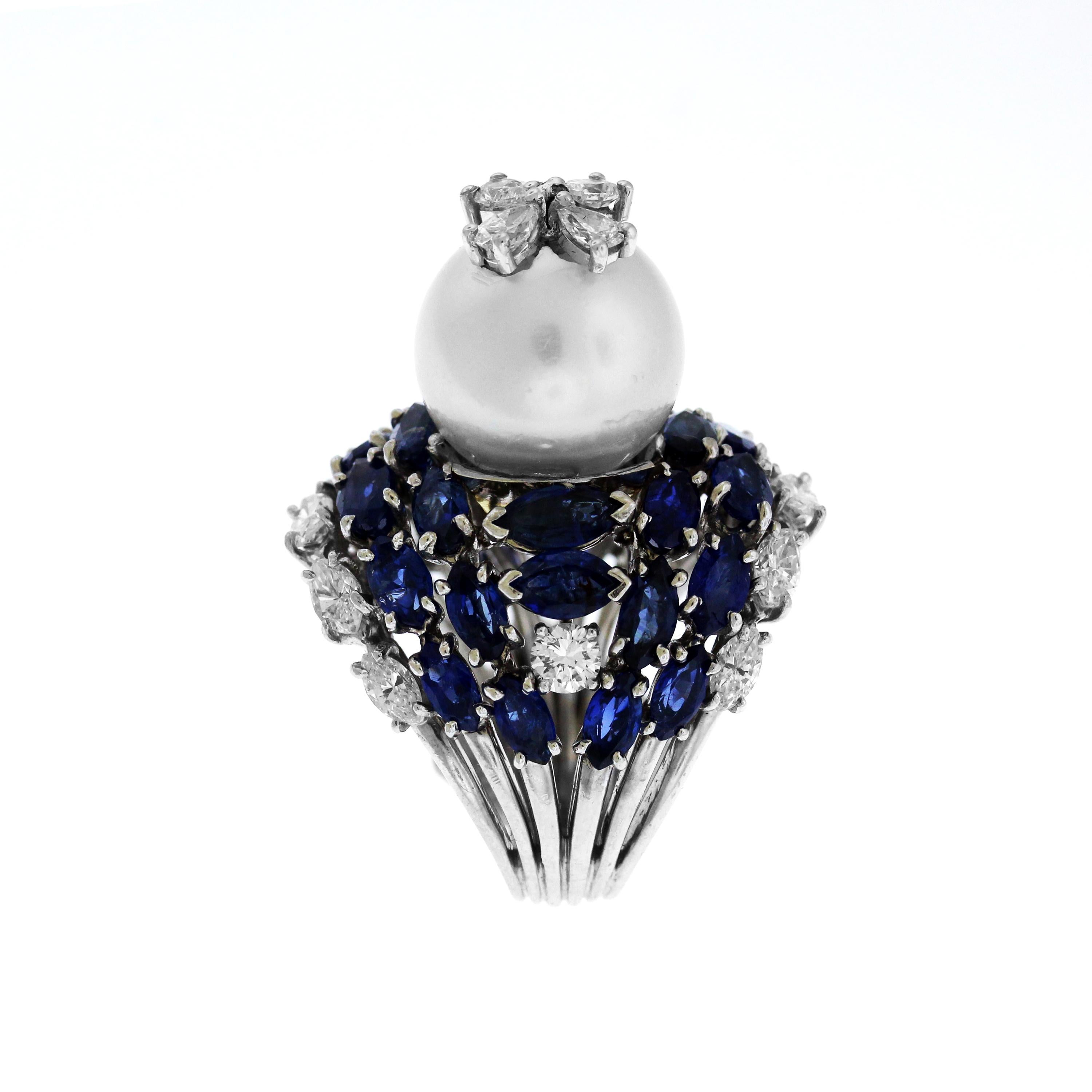 South Sea Pearl Blue Sapphire and Diamond Platinum Cocktail Ring In Excellent Condition In Boca Raton, FL