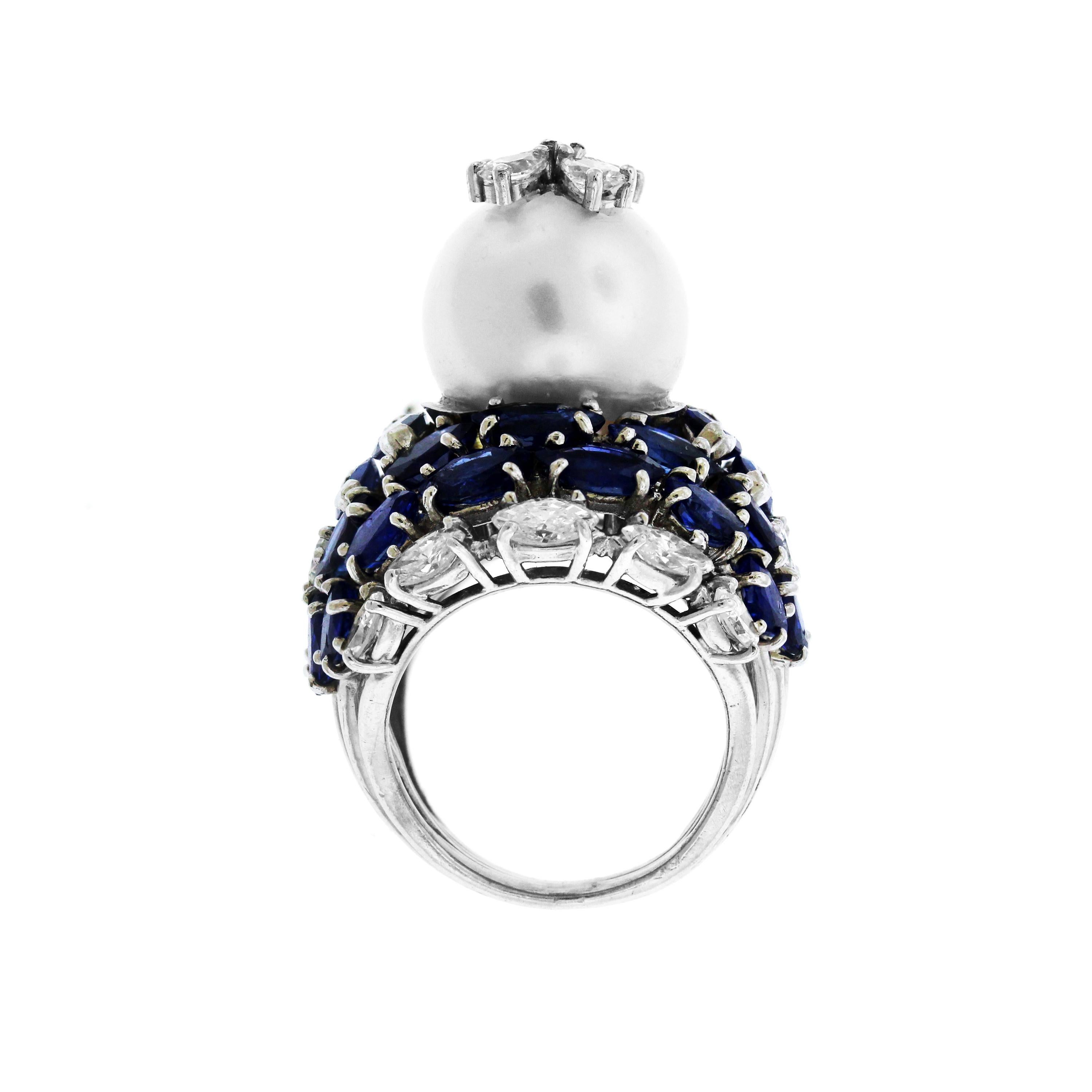 Women's South Sea Pearl Blue Sapphire and Diamond Platinum Cocktail Ring
