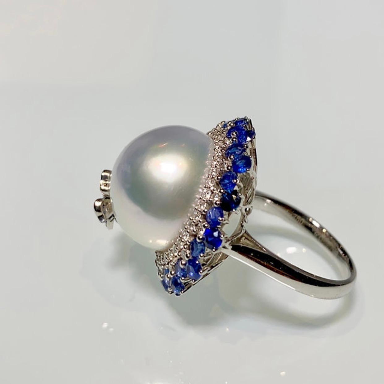Contemporary Eostre White South Sea Pearl, Blue Sapphire and Diamond Ring in 18K White Gold For Sale