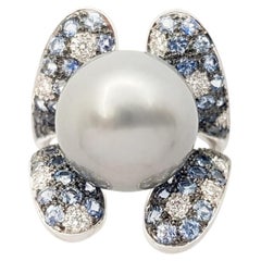 South Sea Pearl, Blue Sapphire and Diamond Ring set in 18K White Gold Settings