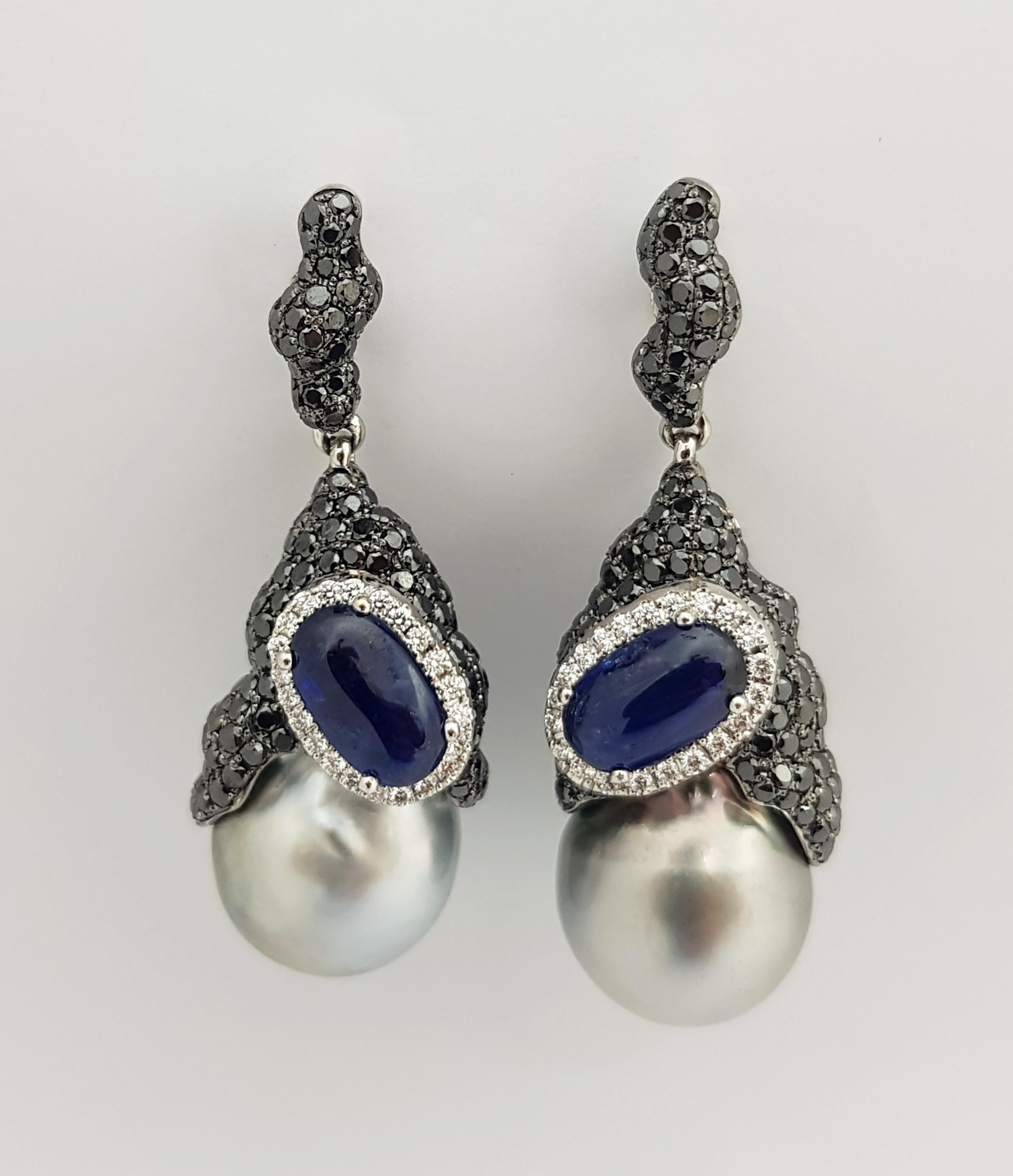 Contemporary South Sea Pearl, Blue Sapphire, Black Diamond Earrings in 18 Karat White Gold For Sale