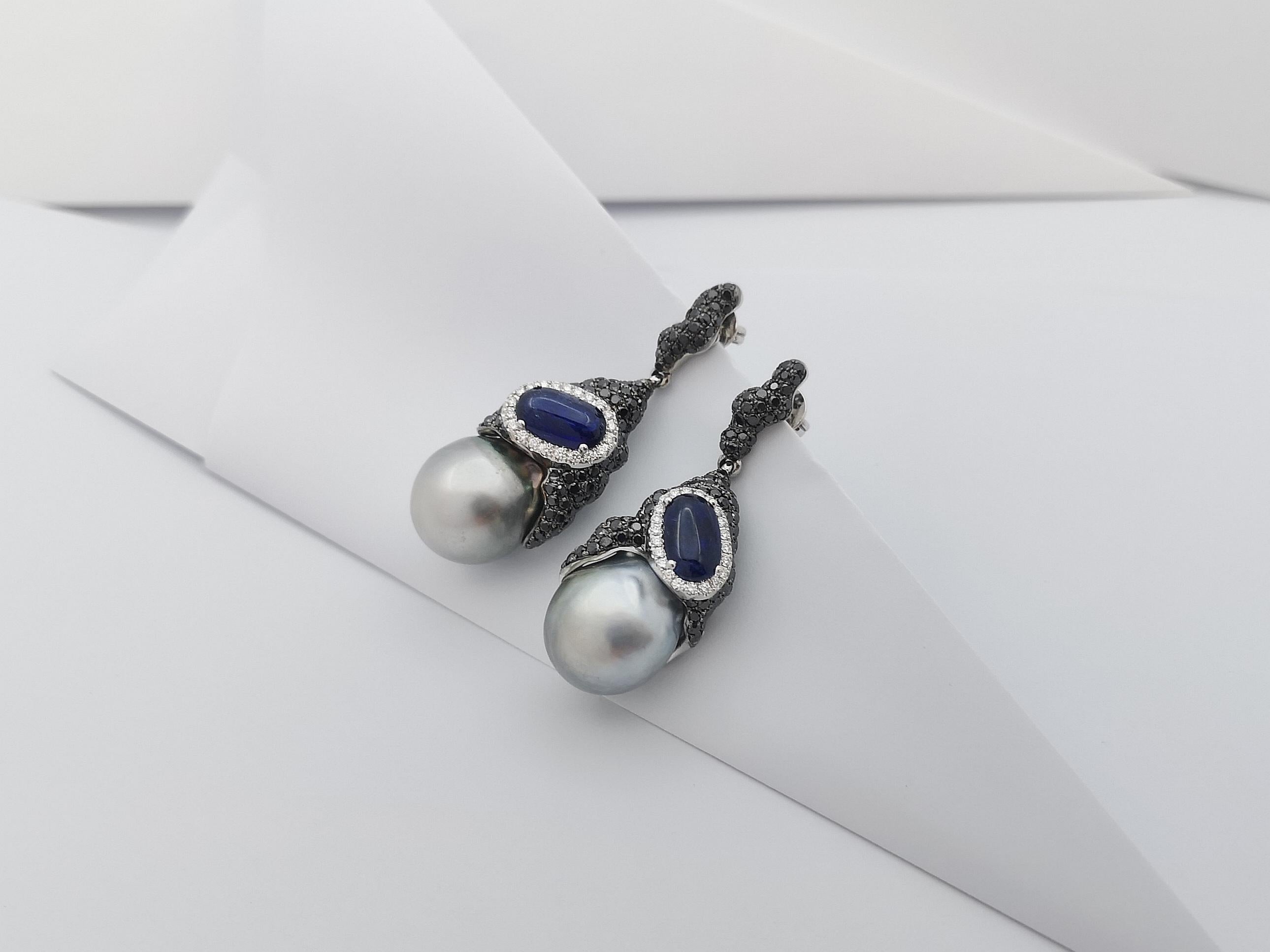Mixed Cut South Sea Pearl, Blue Sapphire, Black Diamond Earrings in 18 Karat White Gold For Sale