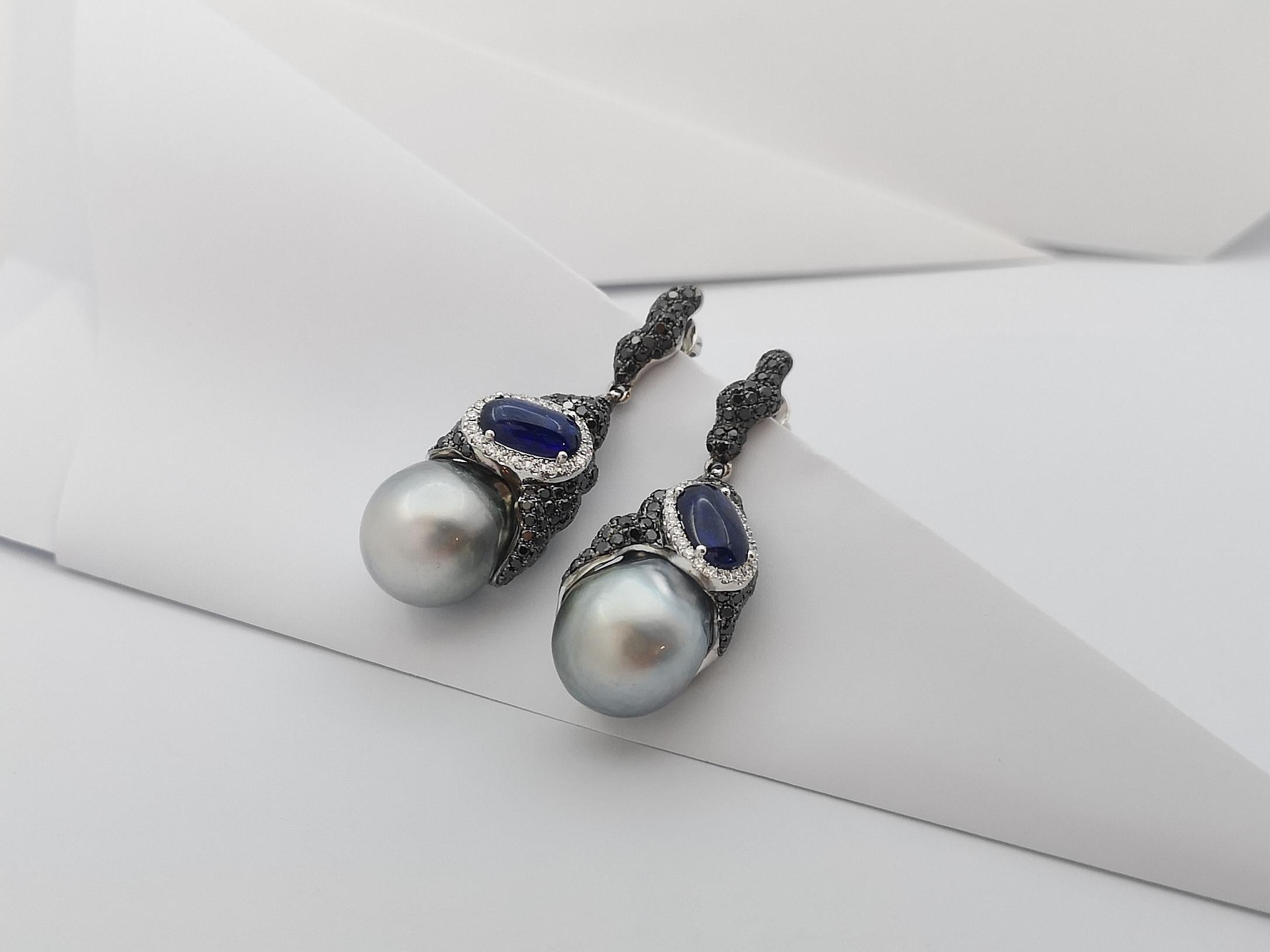 South Sea Pearl, Blue Sapphire, Black Diamond Earrings in 18 Karat White Gold In New Condition For Sale In Bangkok, TH