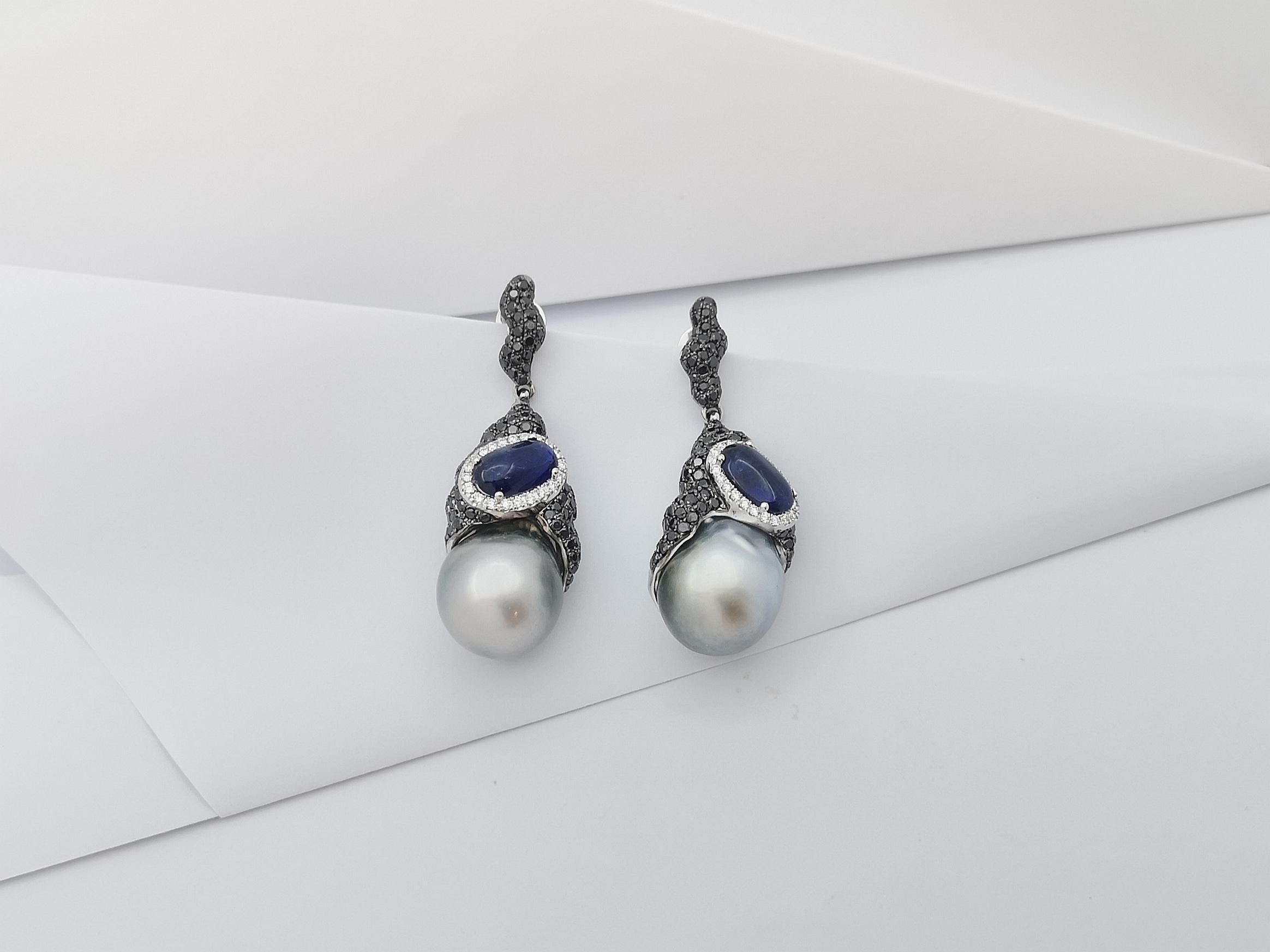 Women's South Sea Pearl, Blue Sapphire, Black Diamond Earrings in 18 Karat White Gold For Sale