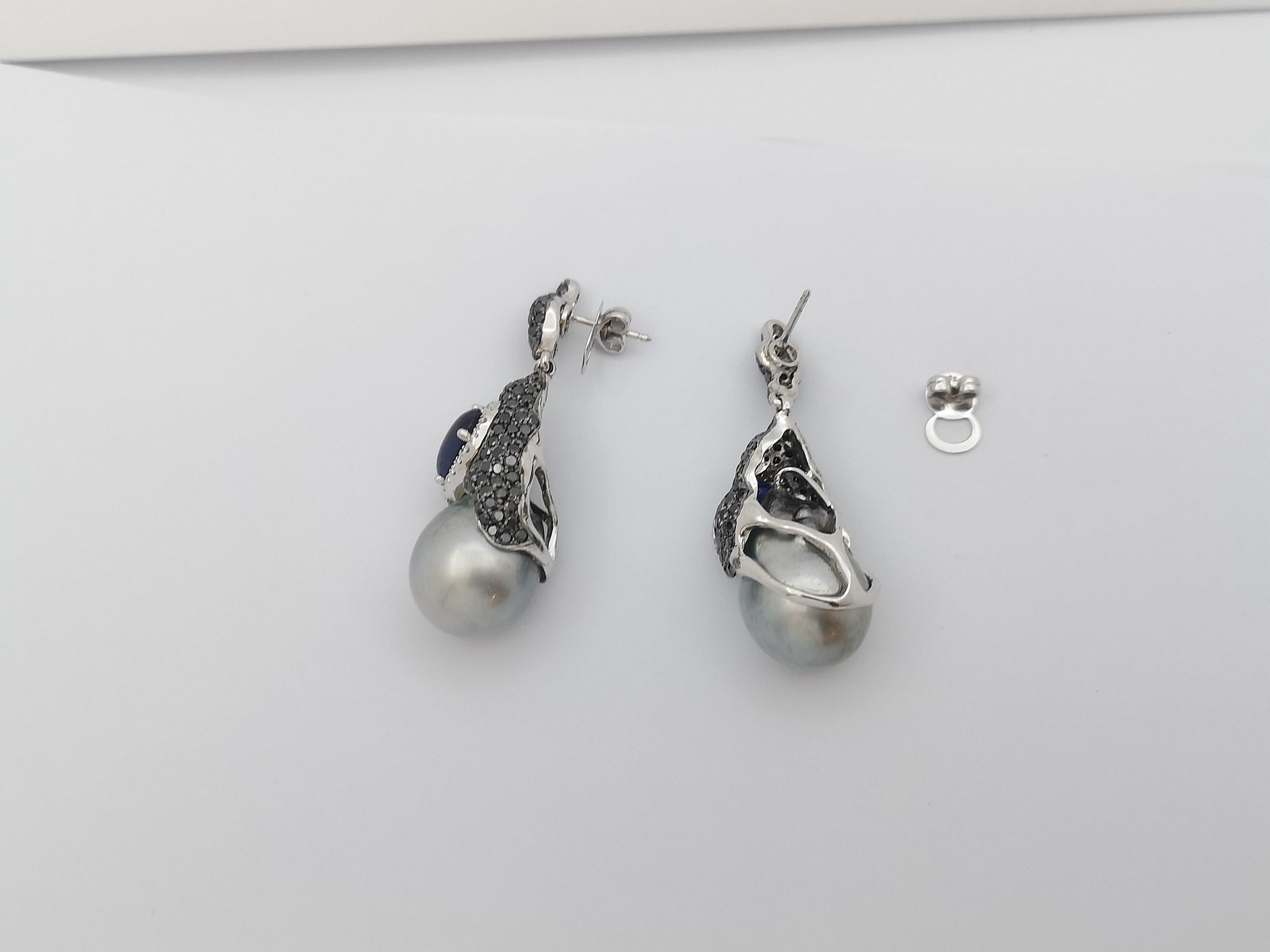 South Sea Pearl, Blue Sapphire, Black Diamond Earrings in 18 Karat White Gold For Sale 1