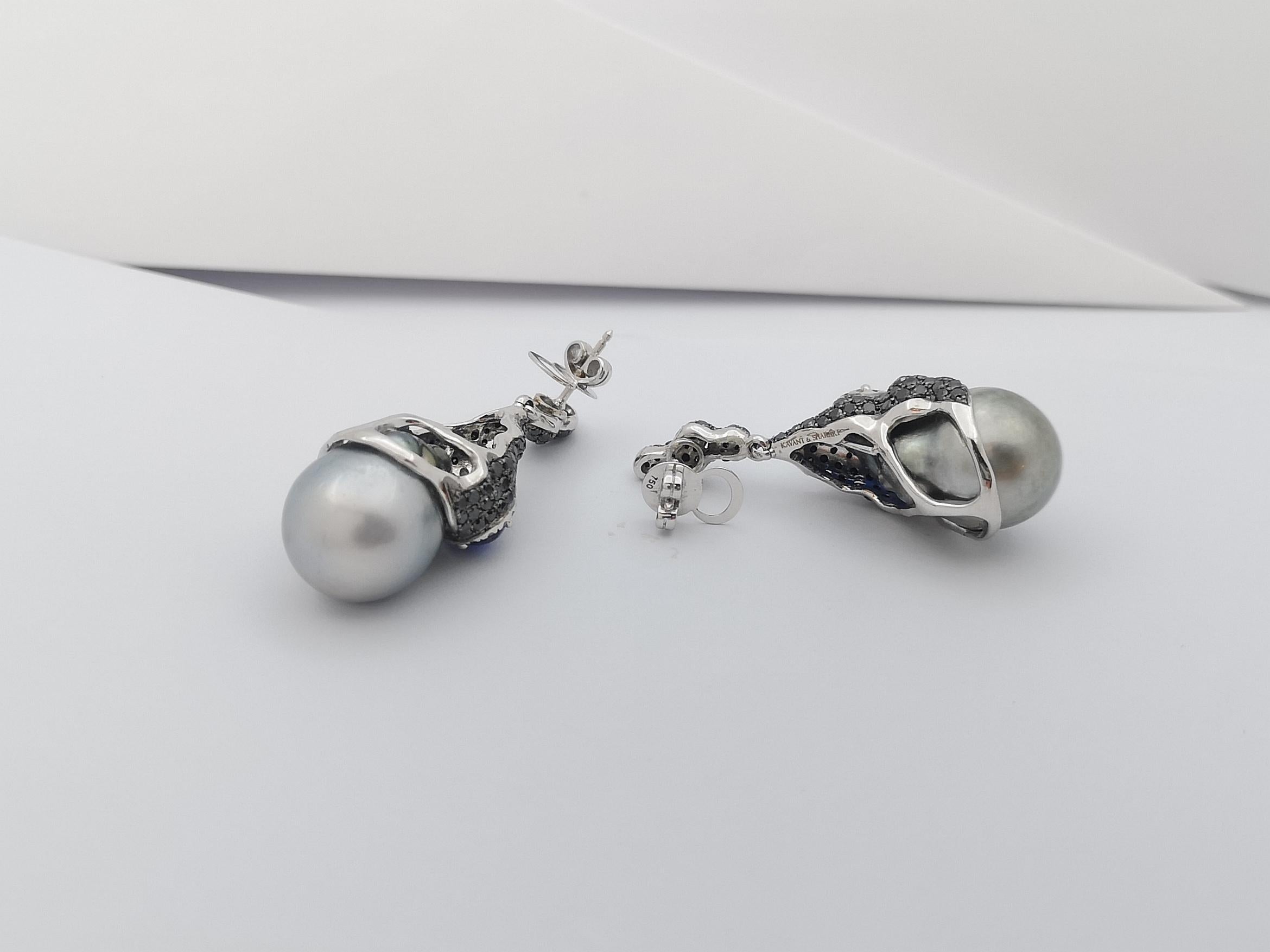 South Sea Pearl, Blue Sapphire, Black Diamond Earrings in 18 Karat White Gold For Sale 2