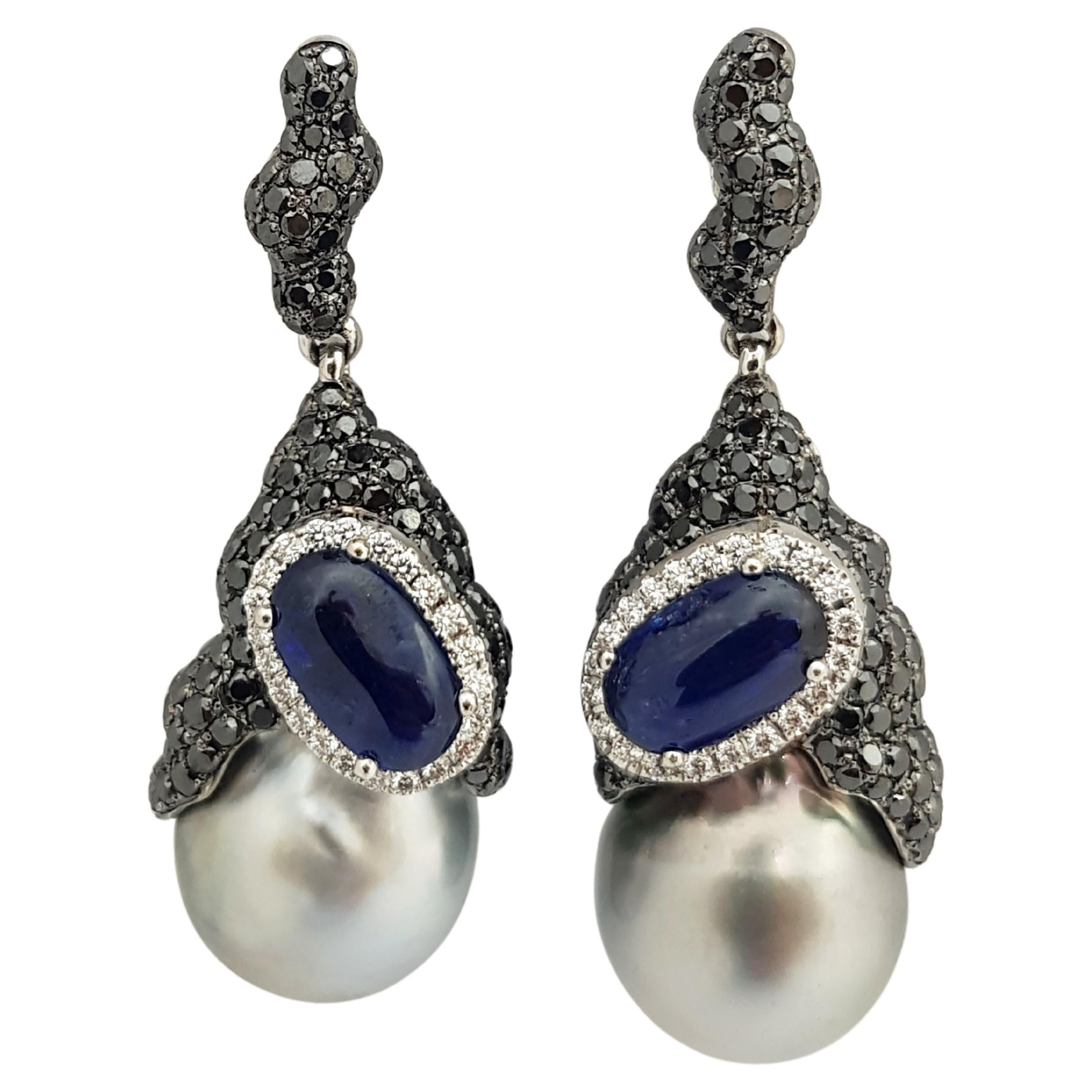 South Sea Pearl, Blue Sapphire, Black Diamond Earrings in 18 Karat White Gold For Sale